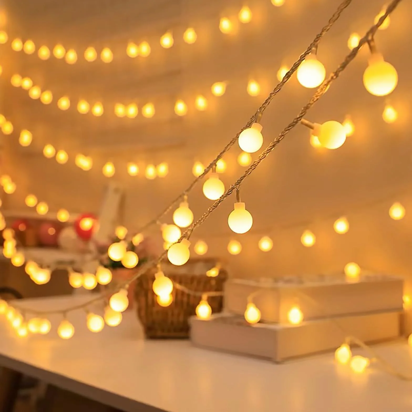AUAUY Łańcuch świetlny z globusem, 40 diod LED, 40 lampek bożonarodzeniowych, zasilanych bateriami, 2 tryby, wodoodporne światła zewnętrzne do wewnątrz, na zewnątrz, wesele, przyjęcie, Nowy Rok, ogród