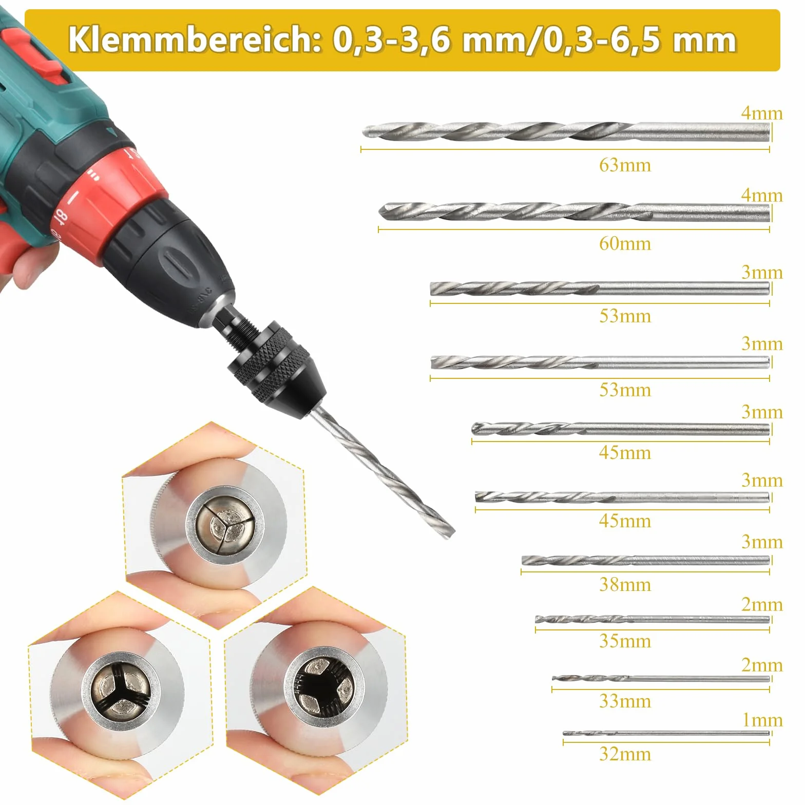 2 uchwyty wiertarskie z szybkozłączką 1/4 cala, 0,3–6,5 mm i 0,3–3,6 mm, adapter wiertła z uchwytem sześciokątnym, 10 wierteł 0,8–3,0 mm do narzędzi do konwersji