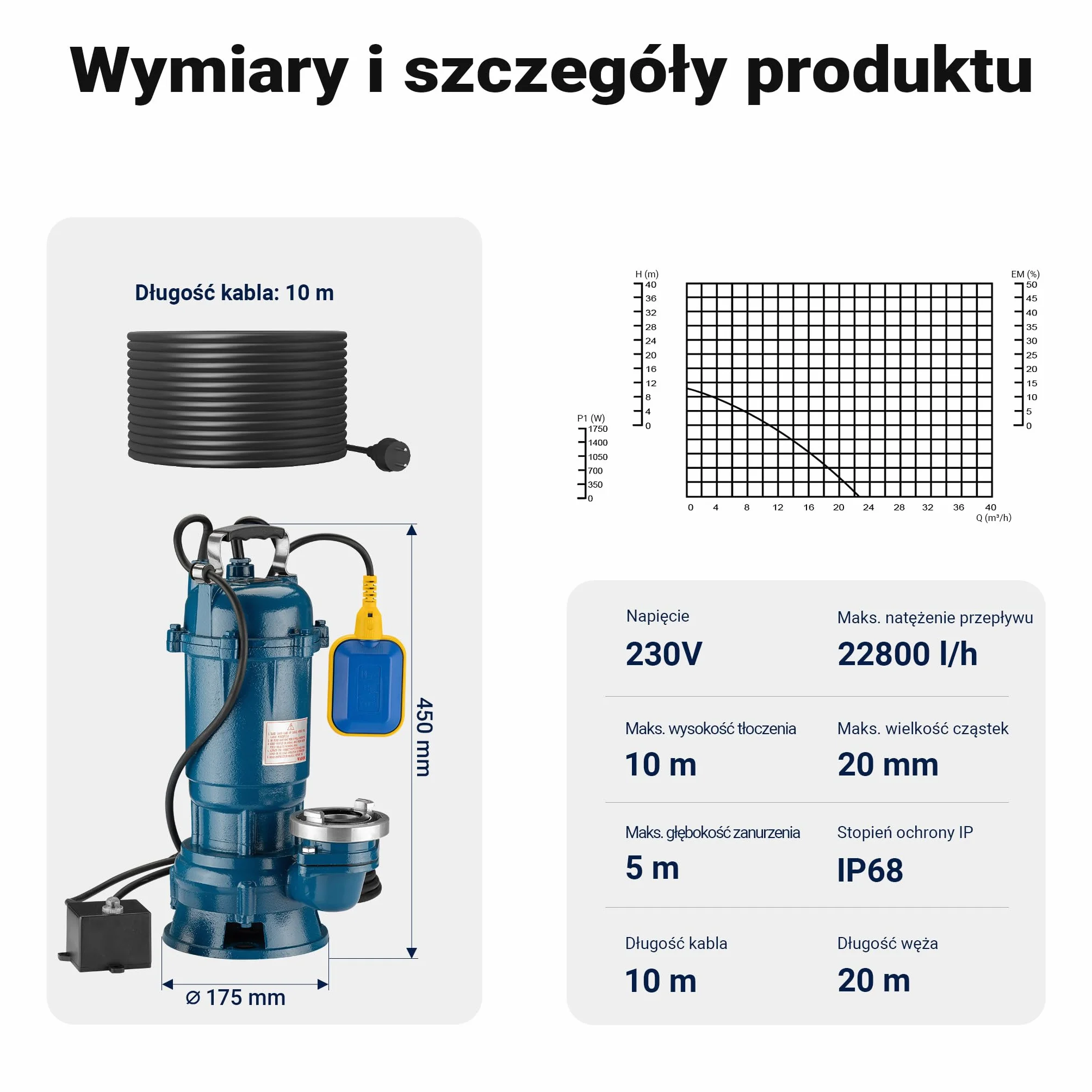 Wiltec Pompa do brudnej wody 1500W 36000l/h z czujnikiem maks. wysokość podnoszenia 10m i 20m wężem