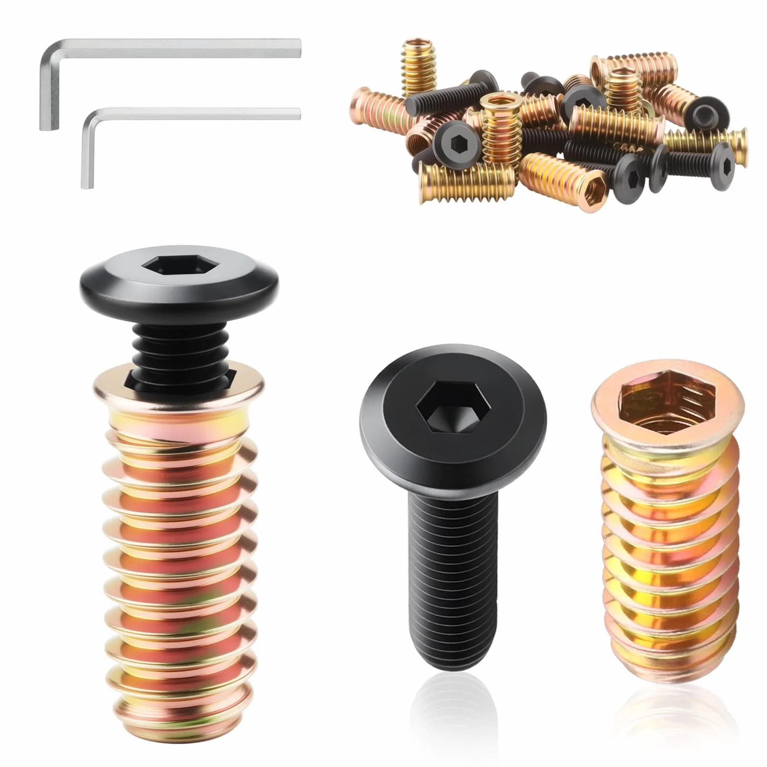 Wkładka gwintowana do drewna 25 sztuk Wkręcana nakrętka M5 Zawiera śrubę ze stali węglowej M5x20mm M5x15mm Tuleja z 2 szt. niklowanego kluczyka sześciokątnego do łączenia mebli z drewna DIY