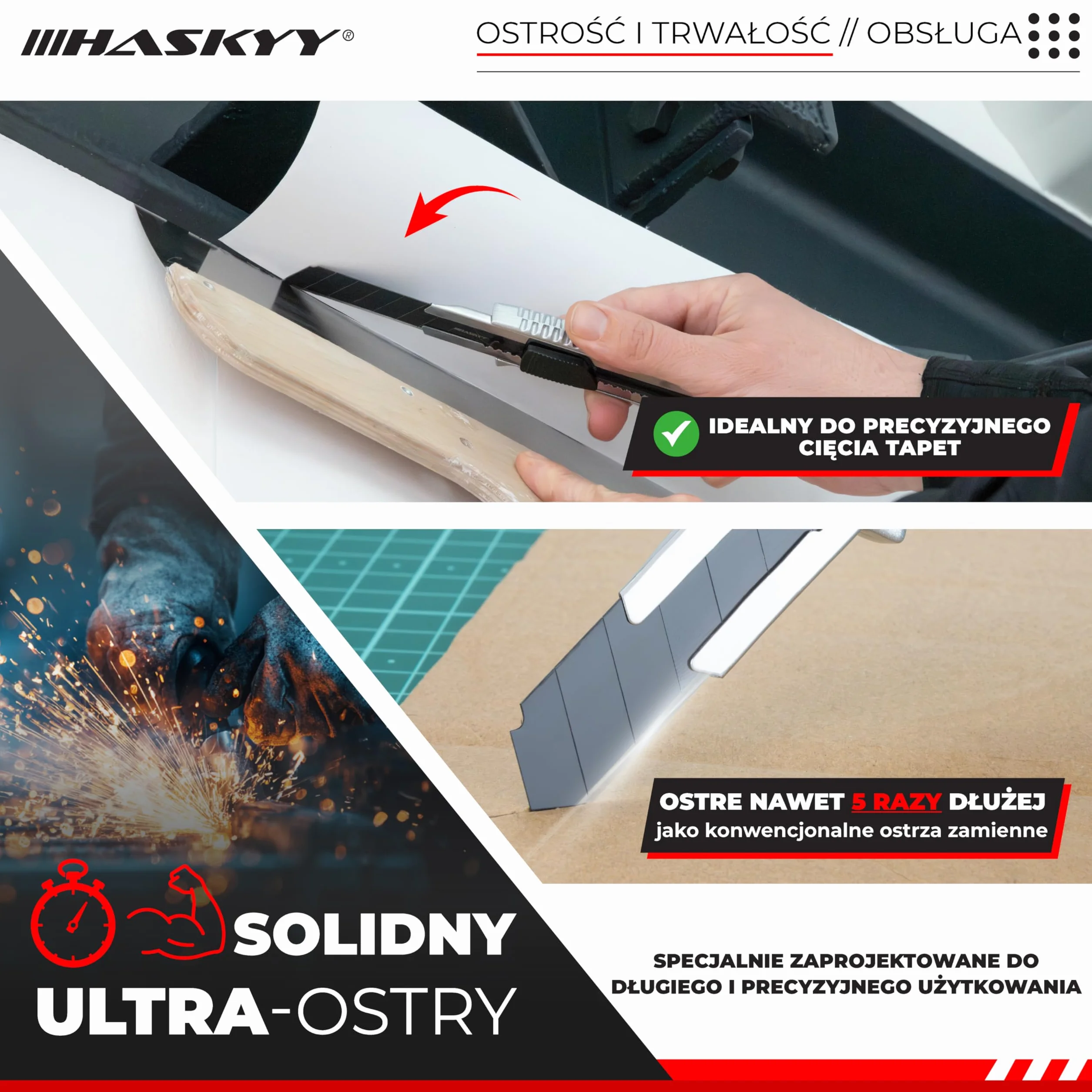 HASKYY Zestaw 2 profesjonalnych noży 18 mm + 5 ostrzy SK5 Premium – bezpieczny frez z funkcją automatycznego blokowania