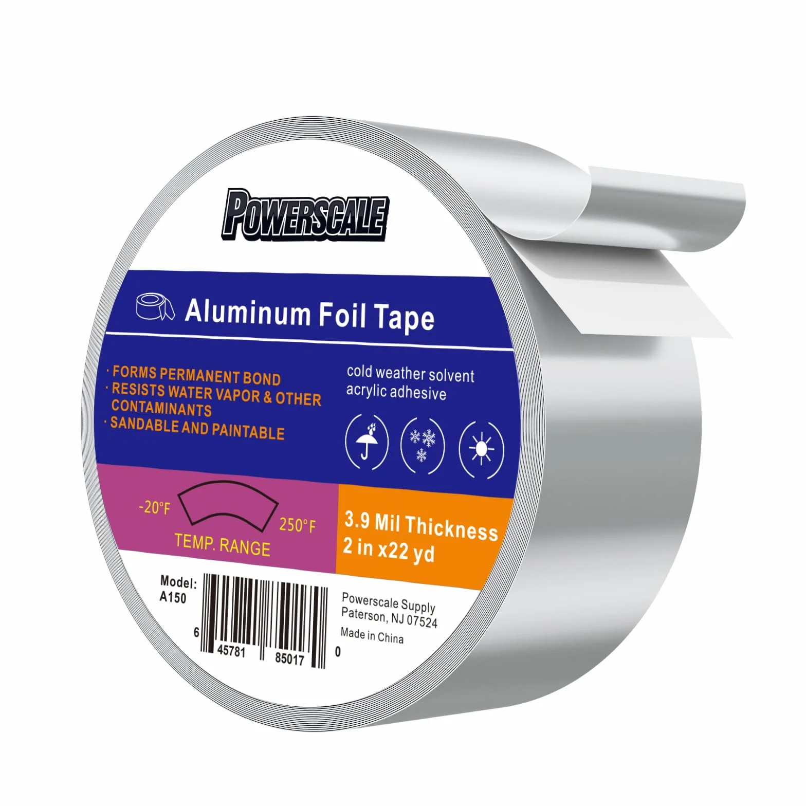 PowerScale Taśma aluminiowa 50 mm x 20 m Taśma samoprzylepna Wodoodporna taśma klejąca odporna na ciepło Aluminiowa taśma naprawcza 1 rolka