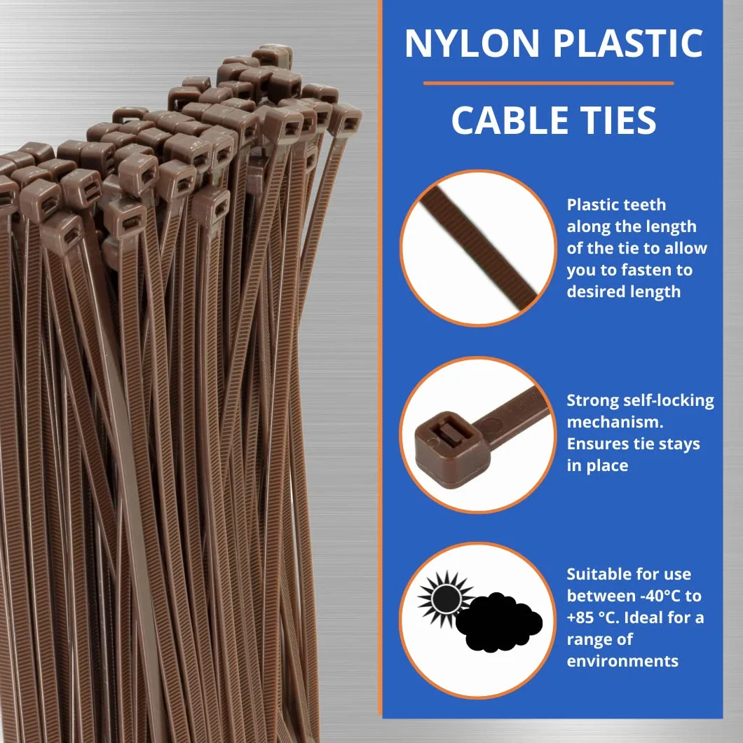 Gocableties Brązowe opaski kablowe, 300 mm x 3,6 mm, 100 sztuk, 30 cm nylonowe opaski na zamek błyskawiczny, wielofunkcyjne plastikowe opaski zaciskowe, bezpieczny mechanizm samoblokujący, do domu,