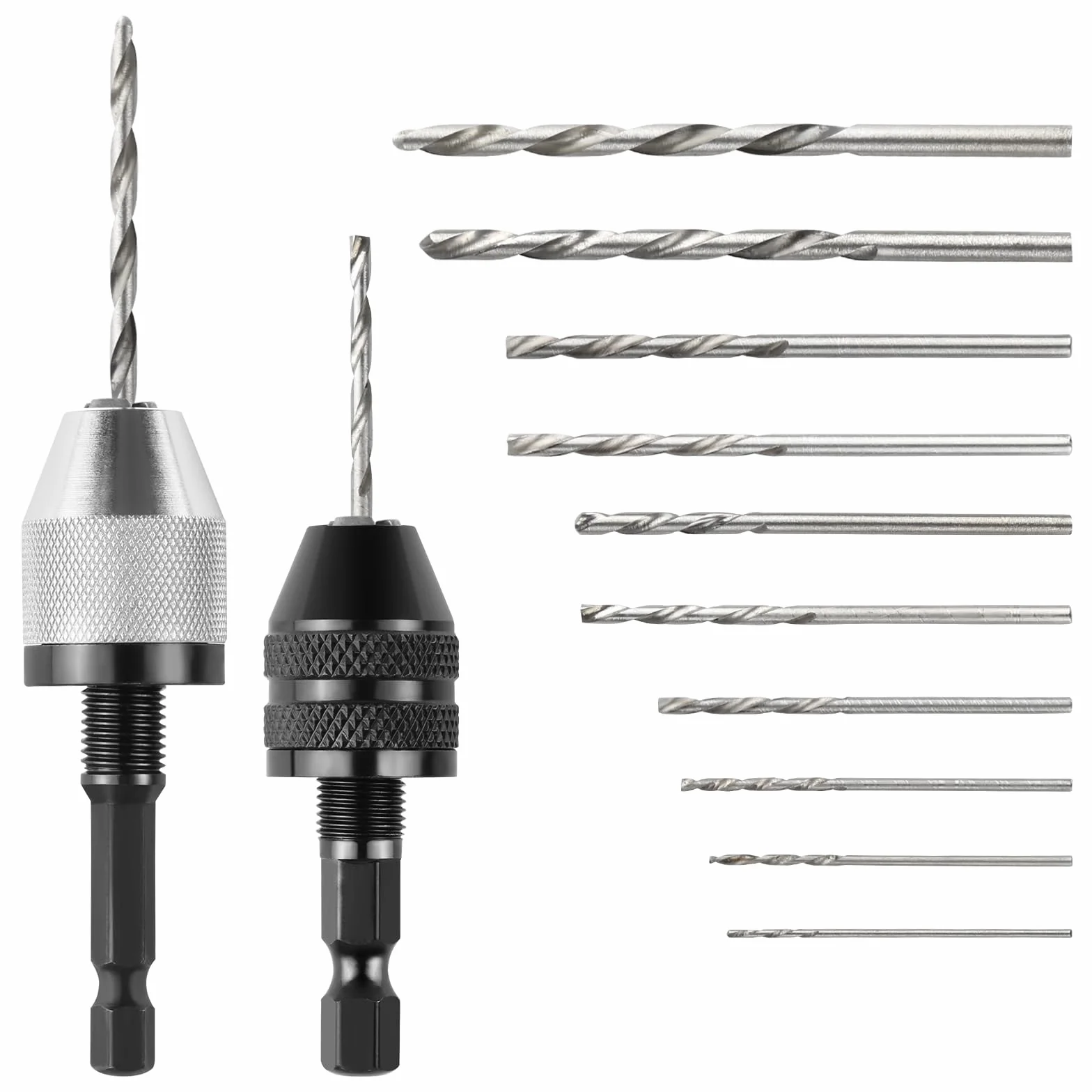 2 uchwyty wiertarskie z szybkozłączką 1/4 cala, 0,3–6,5 mm i 0,3–3,6 mm, adapter wiertła z uchwytem sześciokątnym, 10 wierteł 0,8–3,0 mm do narzędzi do konwersji