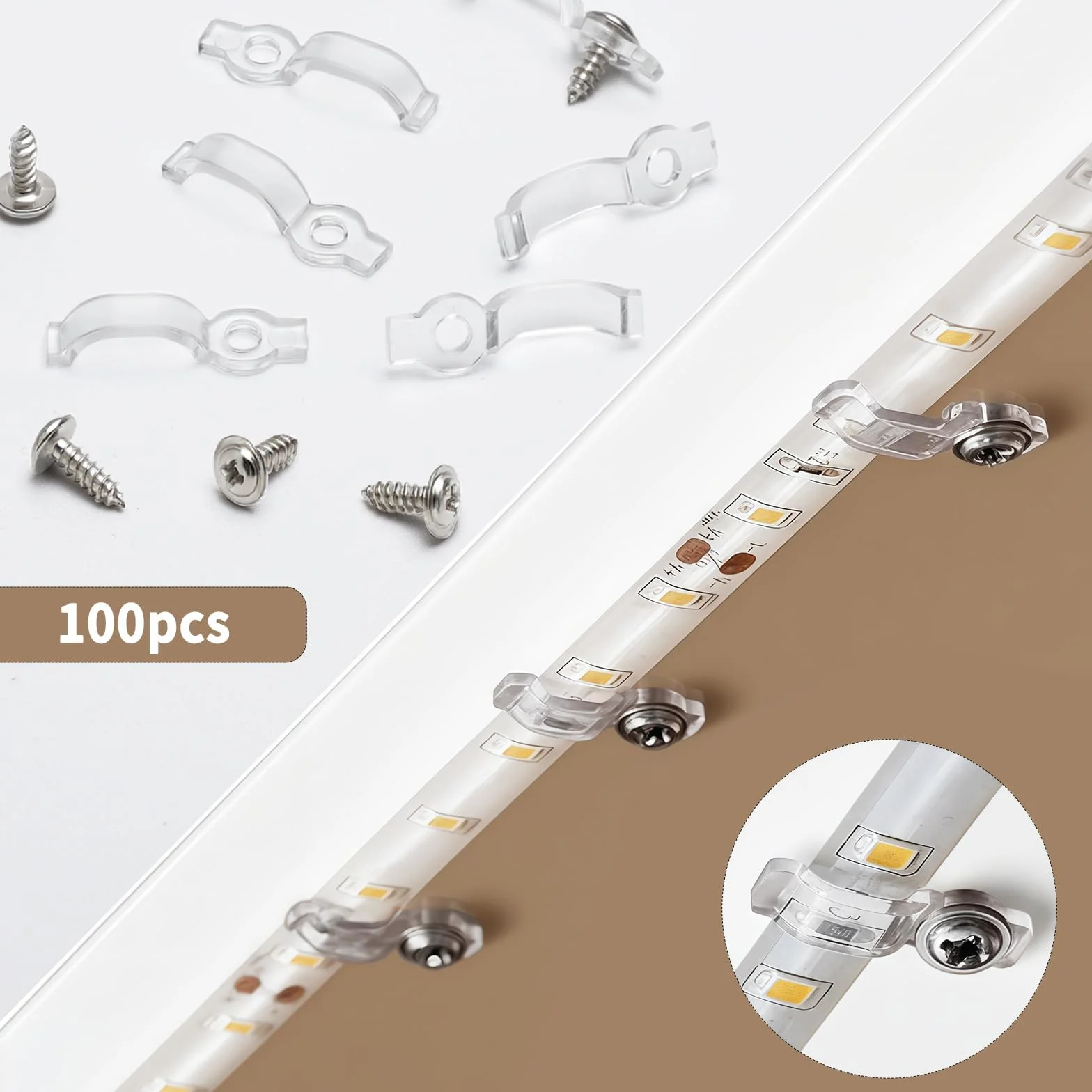 100 sztuk uchwytów montażowych 10 mm do przezroczystych taśm LED, w zestawie klipsy mocujące, klipsy do taśm LED