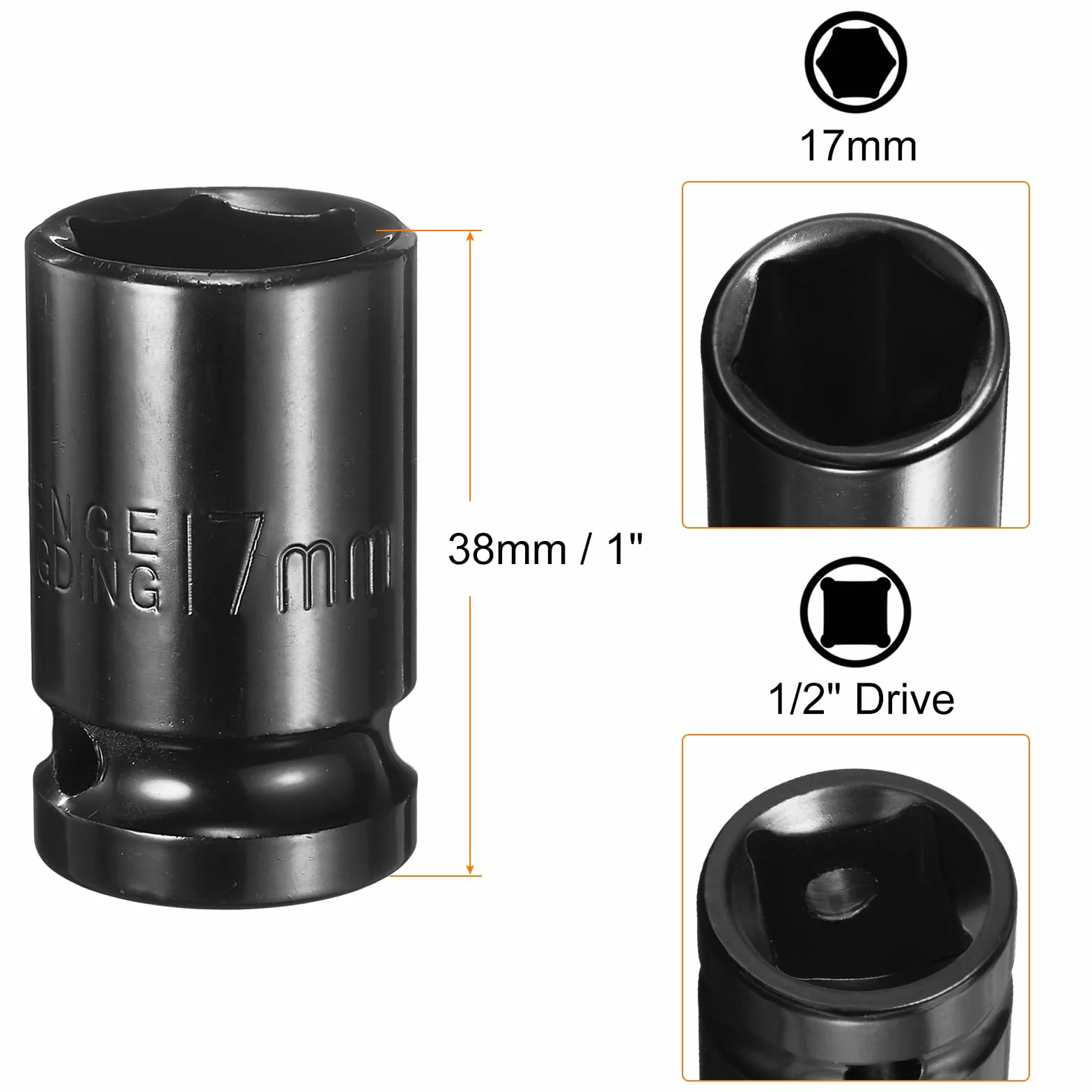 QUARKZMAN Deep 6-punktowy śrubokręt udarowy 1/2", napęd 17 mm, metryczny klucz nasadowy 1,5", długość z adapterem sześciokątnym 1/4", zestaw narzędzi ze stali CR-V do śrub sześciokątnych i nakrętek