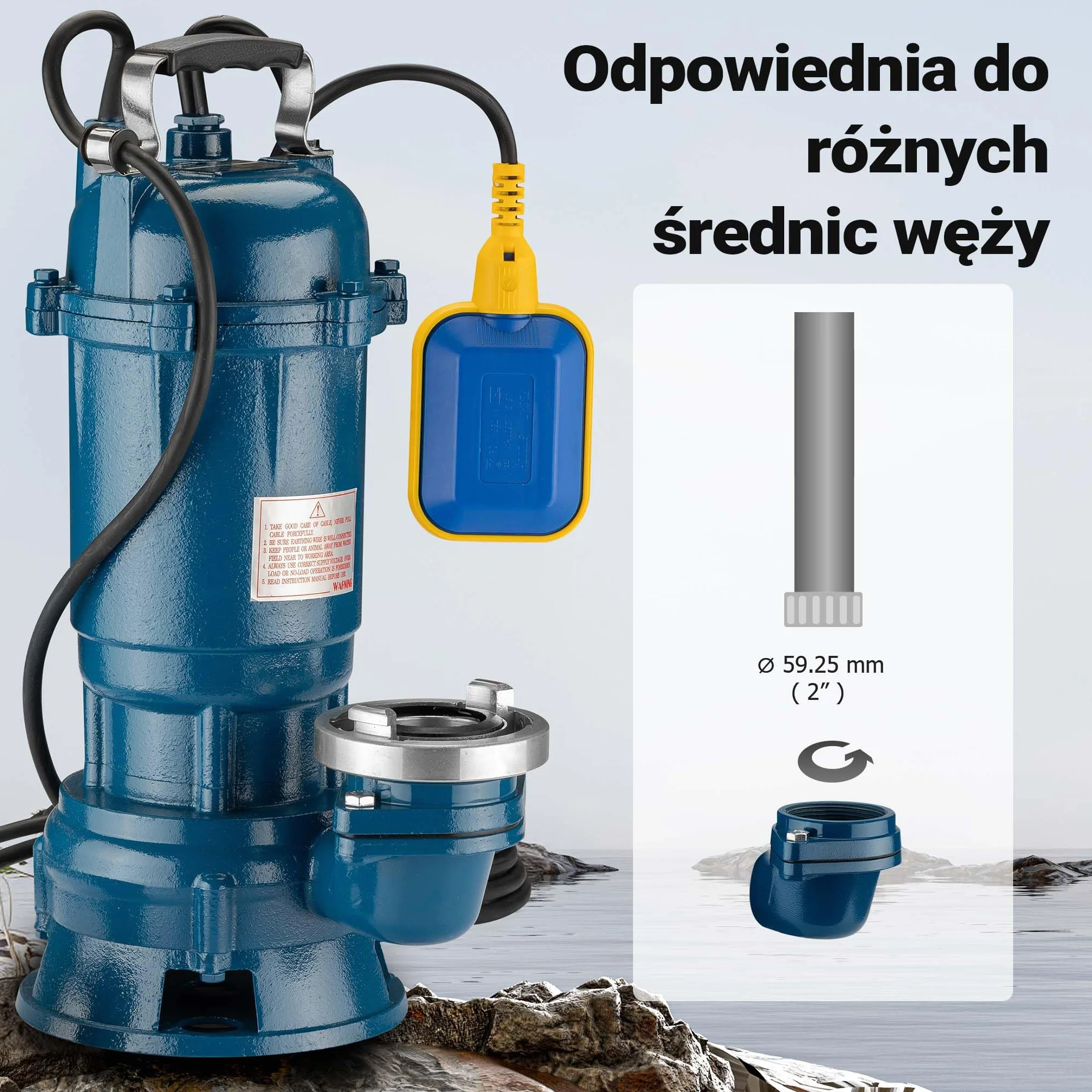 Wiltec Pompa do brudnej wody 1500W 36000l/h z czujnikiem maks. wysokość podnoszenia 10m i 20m wężem