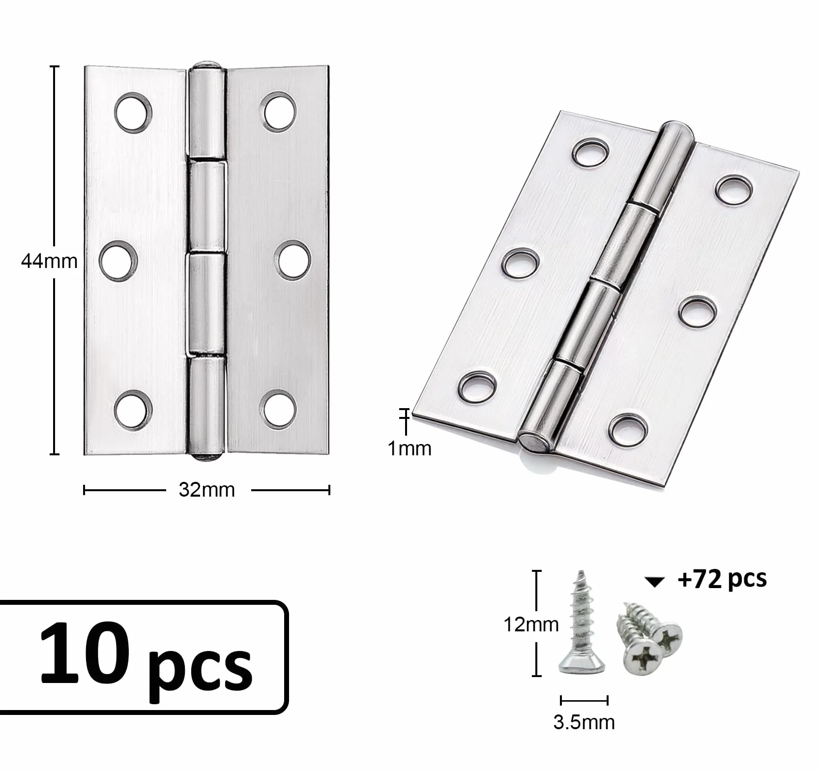 Anstore Zawiasy z stali nierdzewnej 44x32x1 mm, 10 szt., do drzwi i taśmy fortepianowej, składane do szaf, drzwi i okien, małe nierdzewne, taśma zawiasowa, srebrna z 72 śrubami