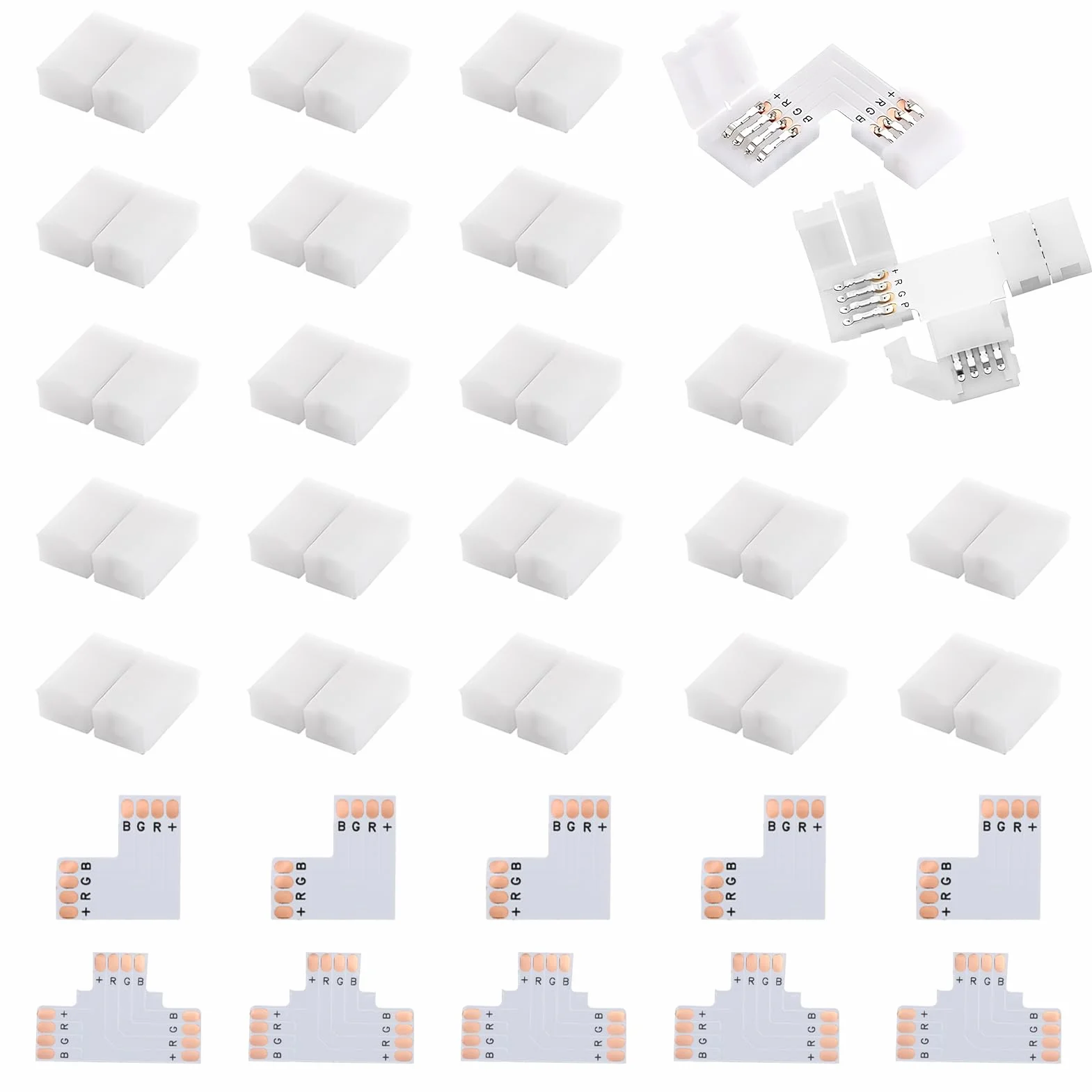 Kompletny zestaw złączy taśm LED 10 mm: Złącza L/T, kable przedłużające i 4-pinowe szybkie złącza do taśm LED RGB - idealne rozwiązanie dla Twoich projektów oświetleniowych DIY
