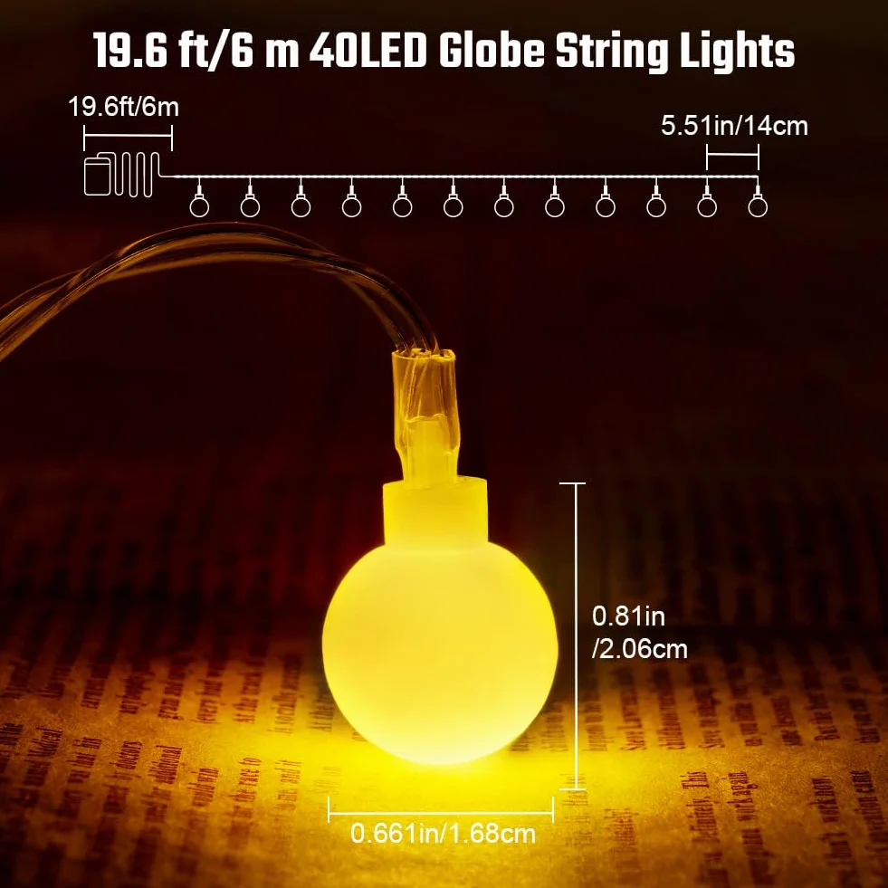 AUAUY Łańcuch świetlny z globusem, 40 diod LED, 40 lampek bożonarodzeniowych, zasilanych bateriami, 2 tryby, wodoodporne światła zewnętrzne do wewnątrz, na zewnątrz, wesele, przyjęcie, Nowy Rok, ogród