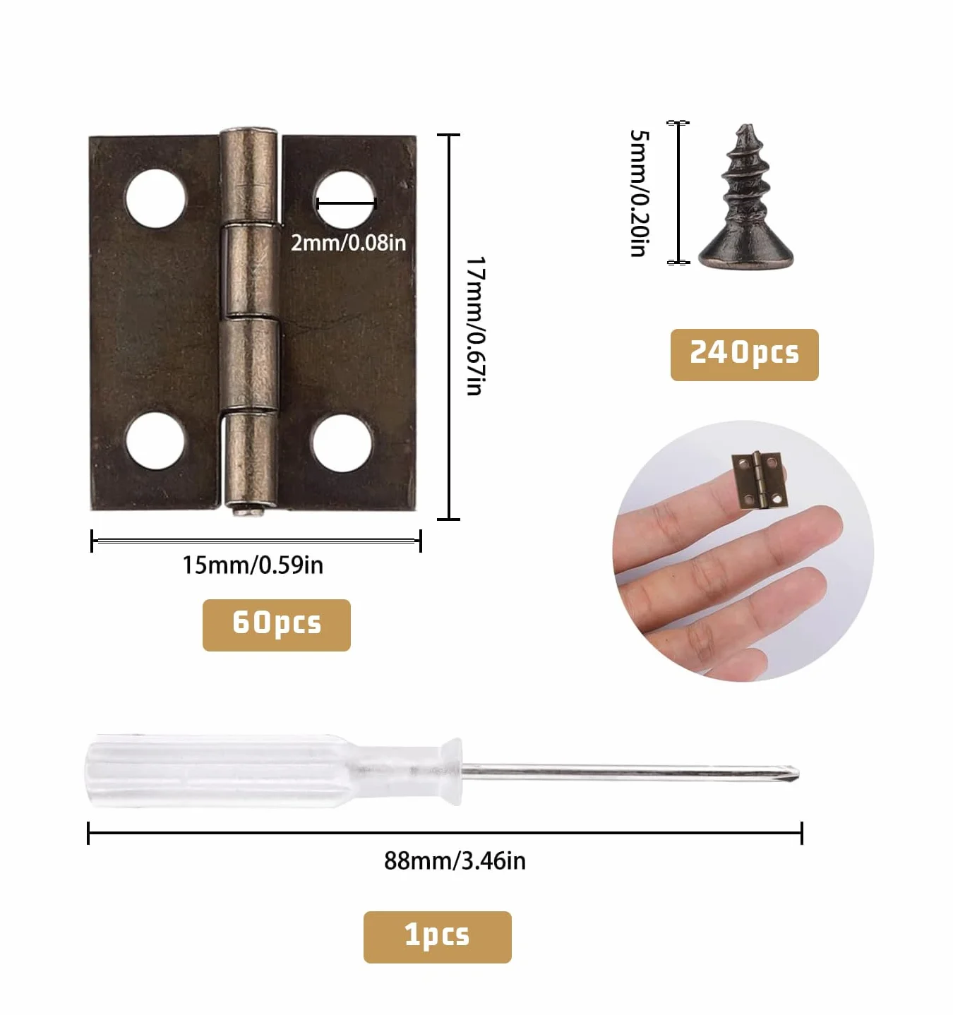 RooseaMini zawiasy z brązu 60 szt. do drewna 15 x 18 mm, małe zawiasy do pudełek z 240 śrubami