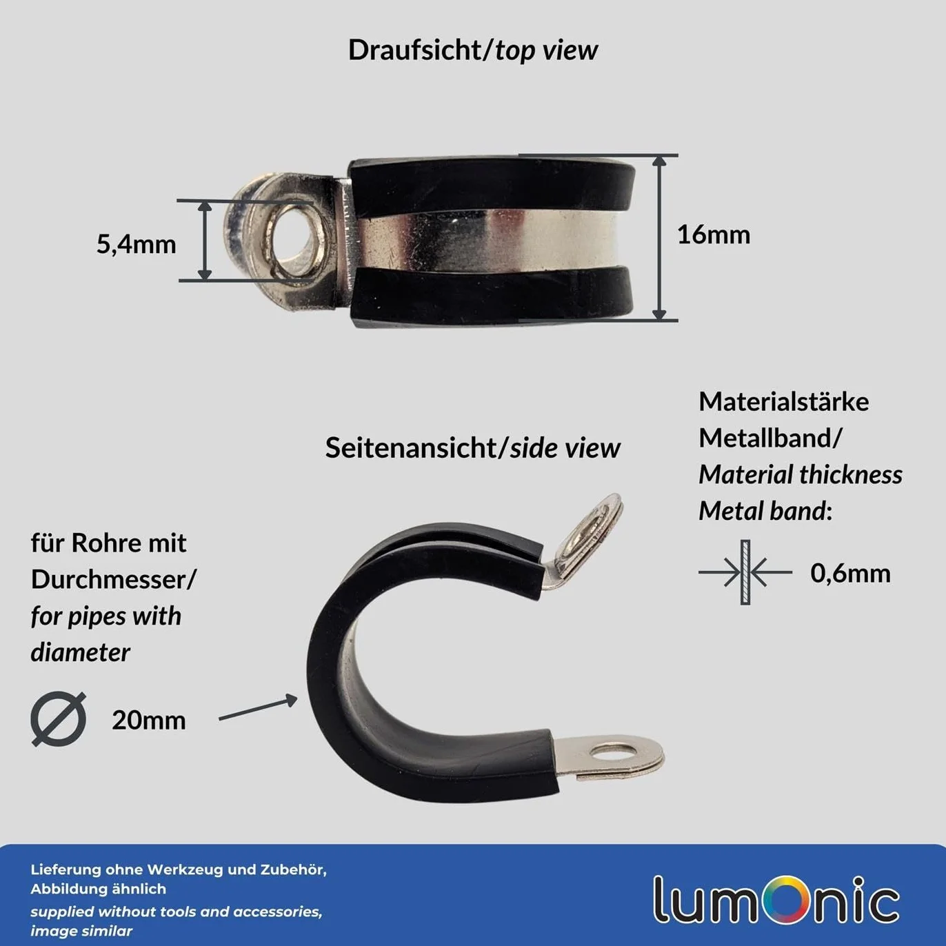 Lumonic 5x 20mm zaciski do rur z wkladka gumowa stal nierdzewna V2A I zaciski kablowe do przykrecania I zacisk do wezy 20mm, zaciski do rur, zacisk mocujacy 20mm, uchwyt do rur