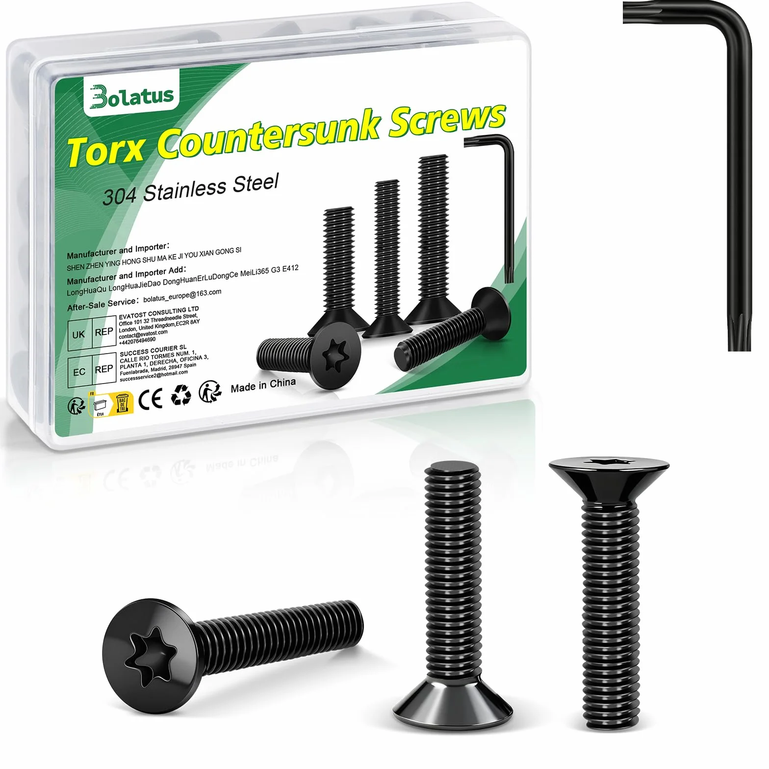 50 sztuk śrub z łbem wpuszczanym M3 x 10 mm, czarne, Bolatus 304 śruby ze stali nierdzewnej z łbem wpuszczanym Torx, z kluczem Torx i pudełkiem zgodnie z normą ISO 14581, do maszyn i urządzeń