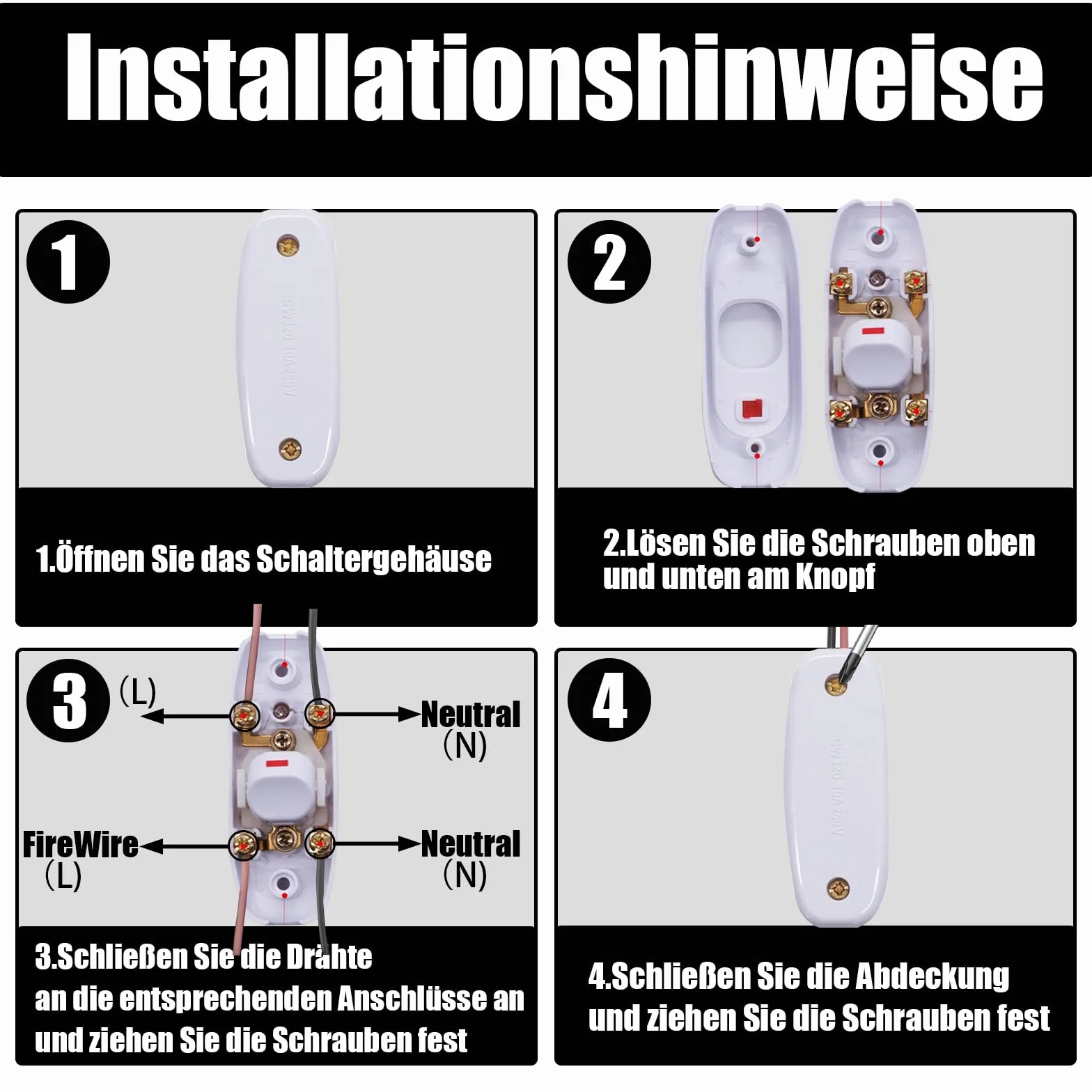 Powice 2 x przełącznik pośredni z czerwoną lampką kontrolną, przełącznik żyłowy 10 A, przełącznik 230 V, przełącznik kablowy, odpowiedni do 2-żyłowych kabli zasilających i małych urządzeń lub lamp