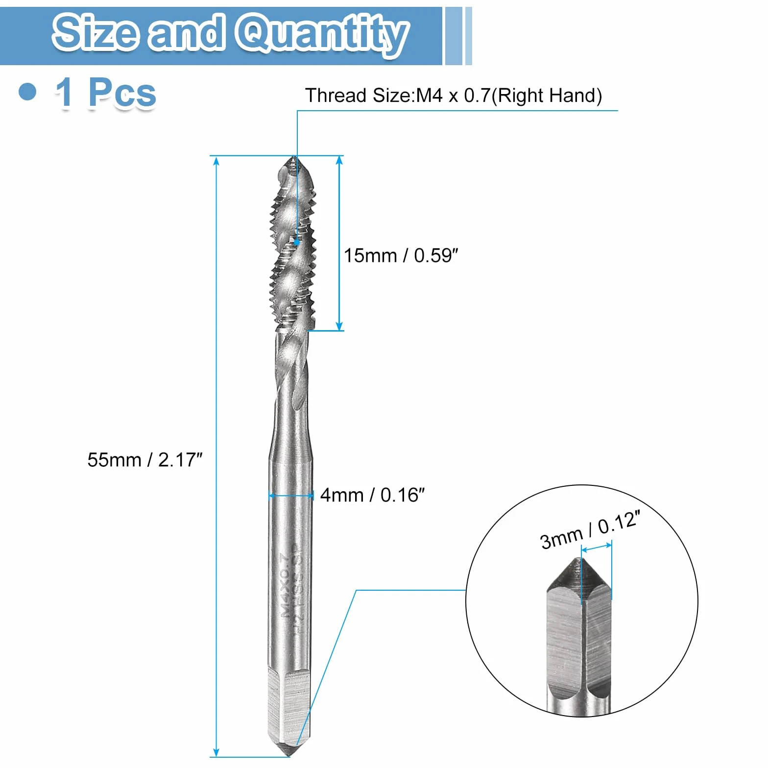 QUARKZMAN Spiral Flute Frez do gwintów M4 x 0,7 H2 metryczny gwintownik maszynowy, niepowlekane narzędzie do naprawy gwintów śrubowych, stal szybkotnąca M2 (HSS)