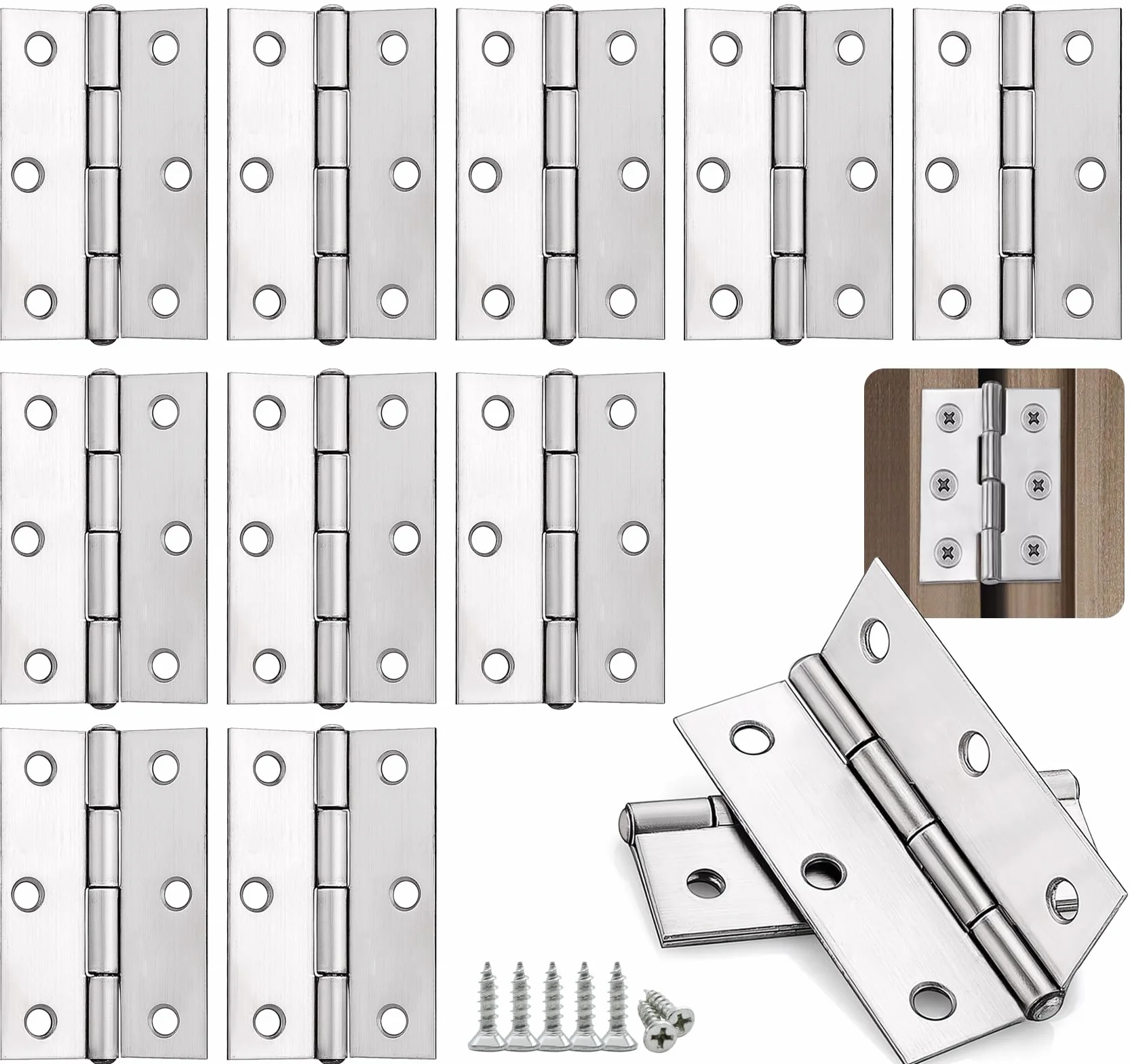 Anstore Zawiasy z stali nierdzewnej 44x32x1 mm, 10 szt., do drzwi i taśmy fortepianowej, składane do szaf, drzwi i okien, małe nierdzewne, taśma zawiasowa, srebrna z 72 śrubami