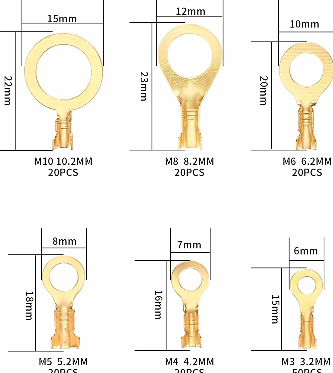160 sztuk mosiężnych okrągłych końcówek i oczek, zestaw oczek kablowych, M10, M8, M6, M5, M4, M3