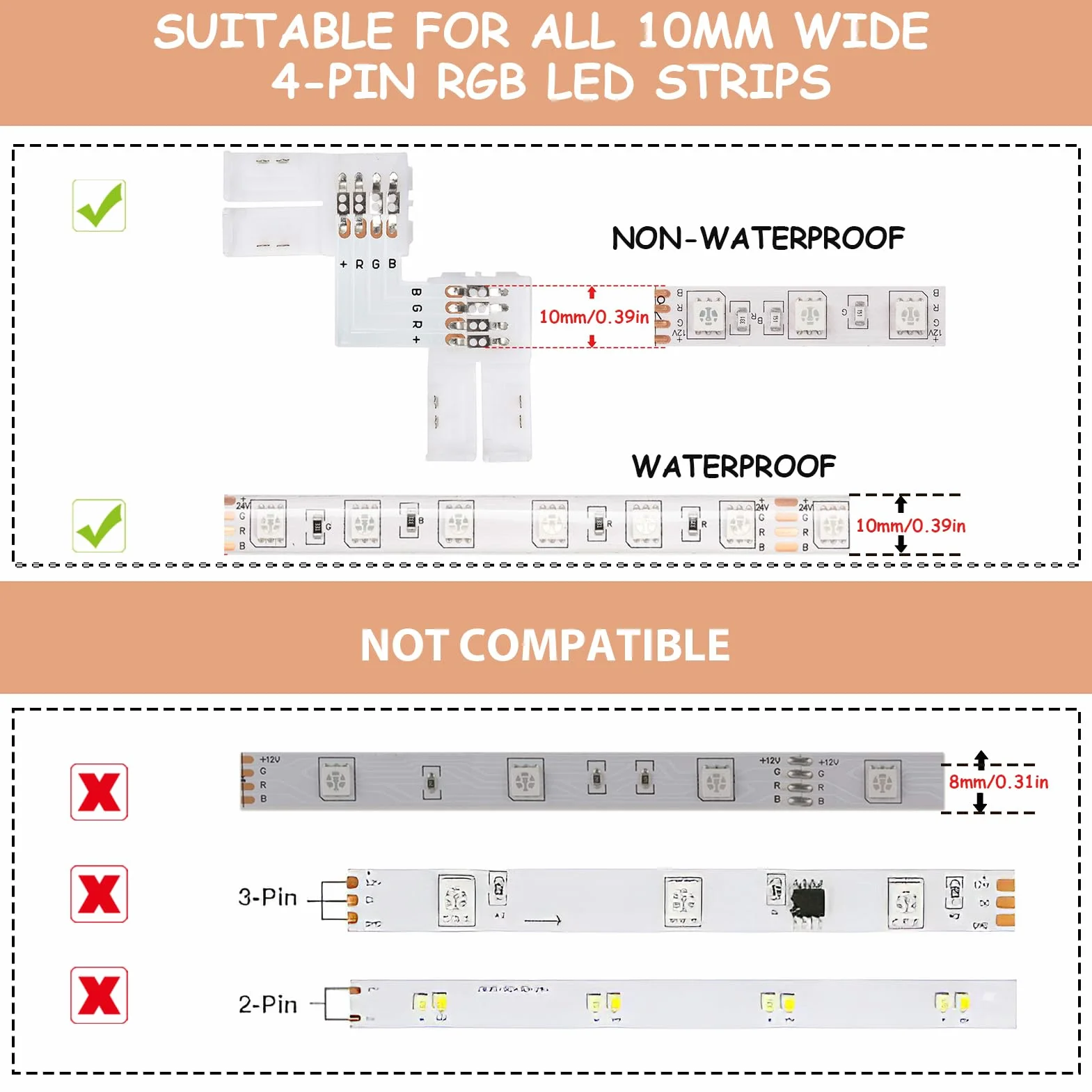 Kompletny zestaw złączy taśm LED 10 mm: Złącza L/T, kable przedłużające i 4-pinowe szybkie złącza do taśm LED RGB - idealne rozwiązanie dla Twoich projektów oświetleniowych DIY