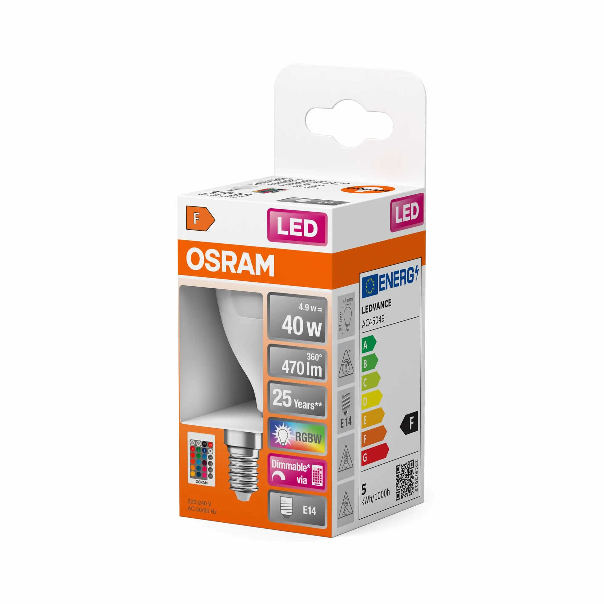 OSRAM Lampa LED | Trzonek: E14 | Ciepły biały | 2700 K | 5,50 W | matowe | LED Retrofit RGBW lampy z pilotem [Klasa efektywności energetycznej A+]