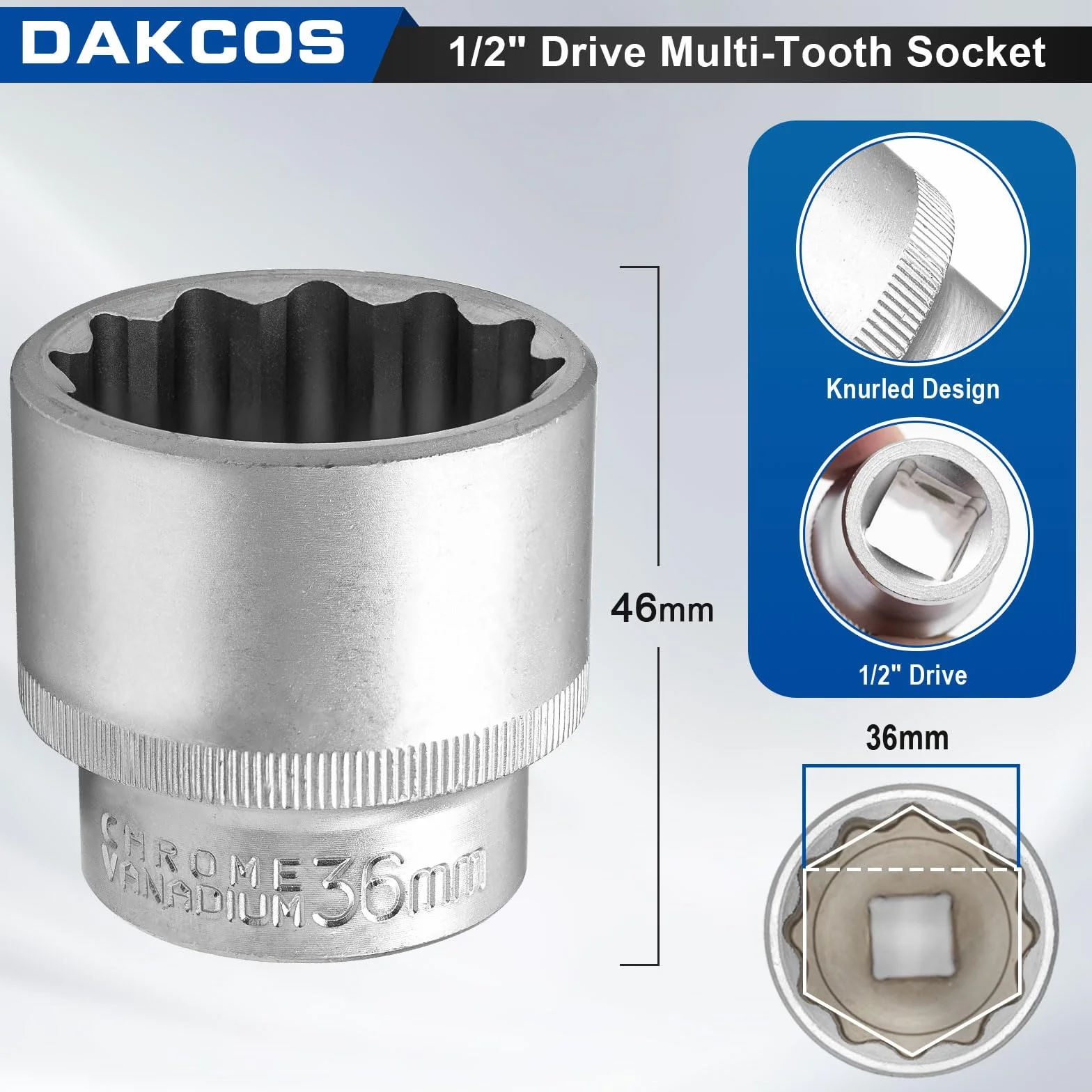 DAKCOS 36 mm nasadka klucza nasadowego z wieloma zębami | 12 kantów | 12,5 mm (1/2") | CR-V