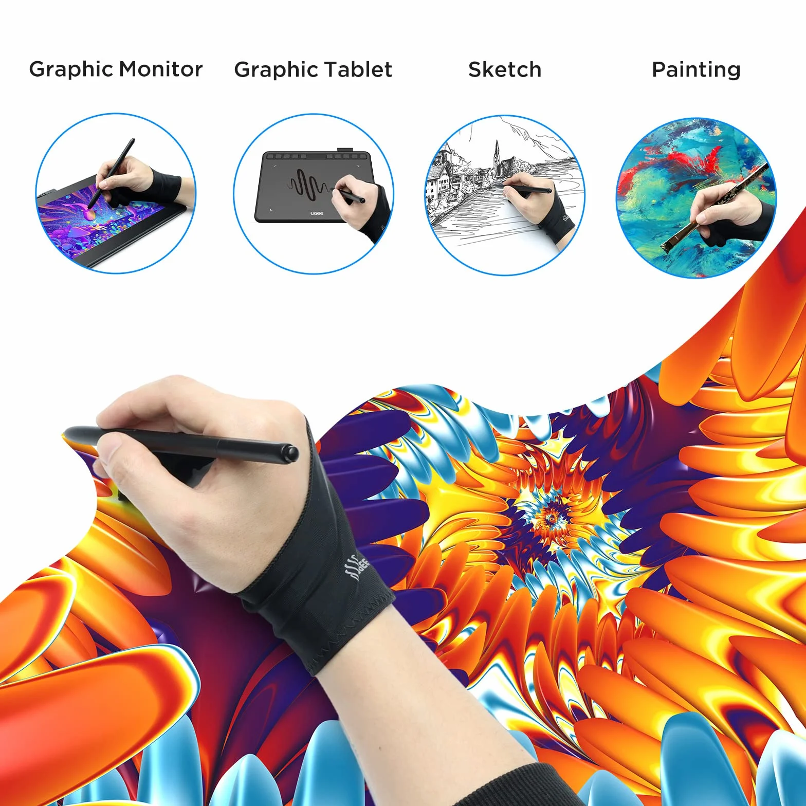 UGEE 1rękawica dla artysty na tablet z grafiką praworęczną, przeciwporostowa, z dwoma palcami do rysowania, czarna