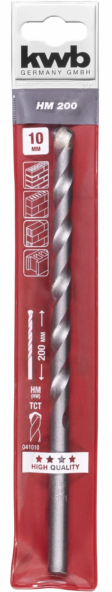 kwb Wiertło do muru Ø 10 mm, długość 200 mm, z wytrzymałą płytą z twardego metalu, spirala wiertła formowana bez wiórów, powierzchnia kulista i trzonek okrągły, odpowiada ISO 5468