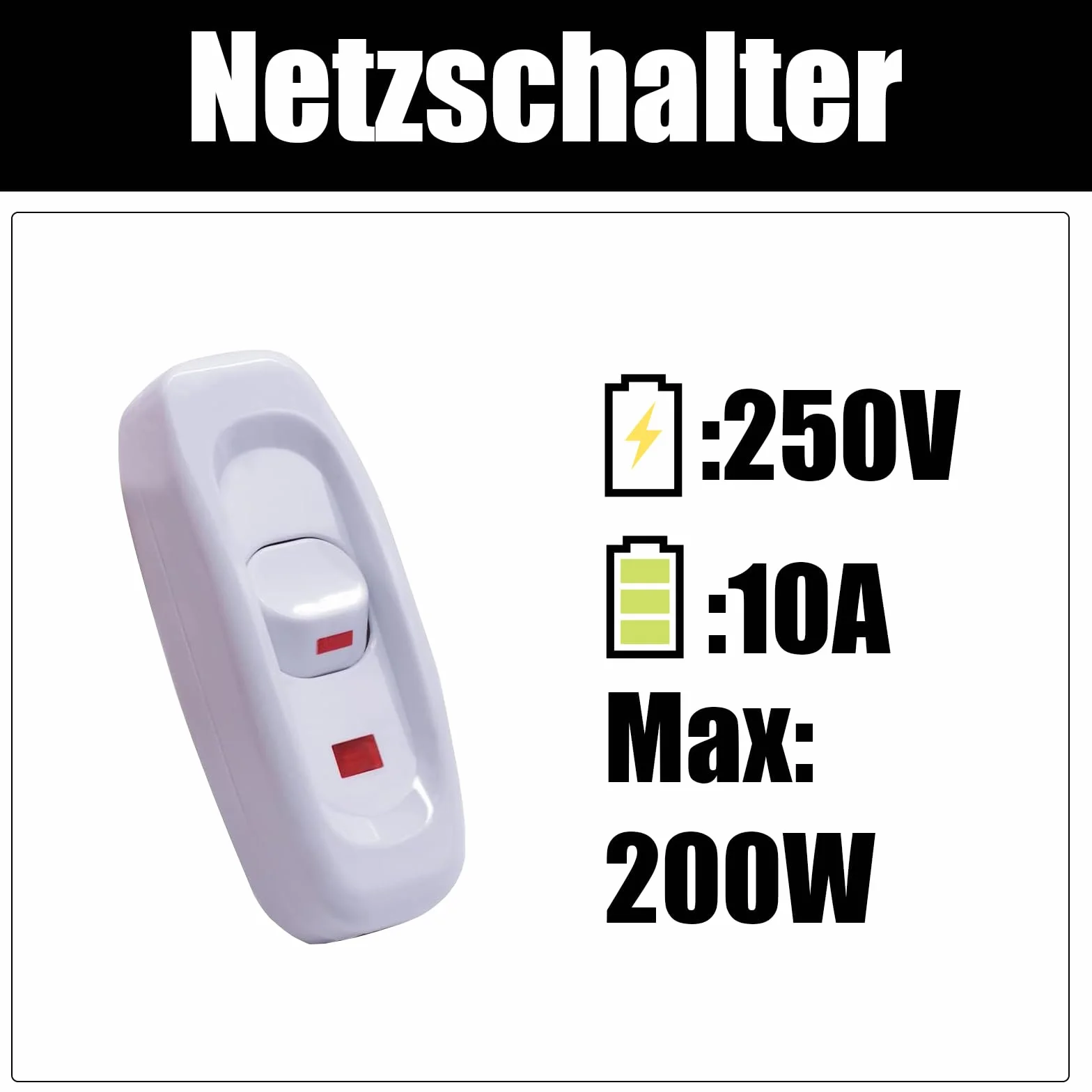 Powice 2 x przełącznik pośredni z czerwoną lampką kontrolną, przełącznik żyłowy 10 A, przełącznik 230 V, przełącznik kablowy, odpowiedni do 2-żyłowych kabli zasilających i małych urządzeń lub lamp