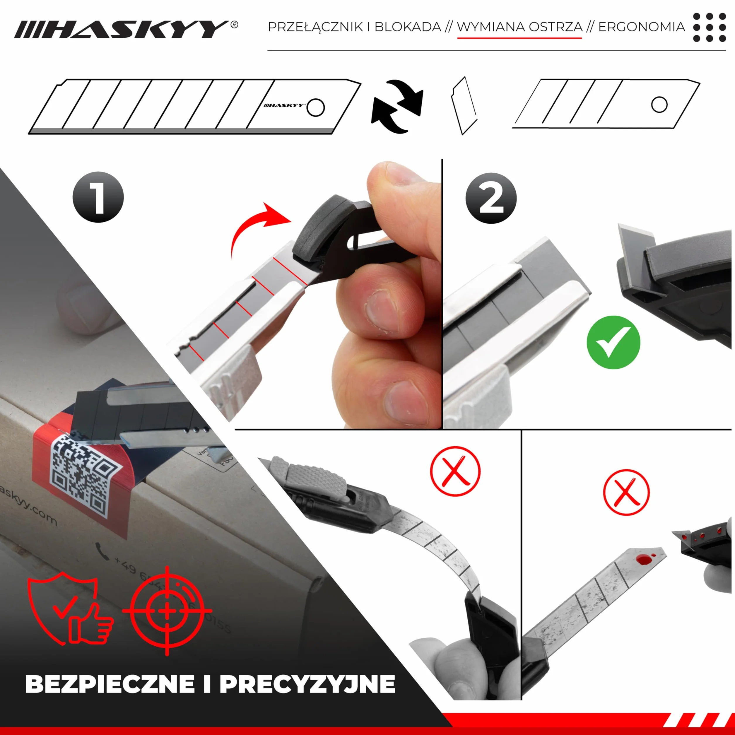 HASKYY Zestaw 2 profesjonalnych noży 18 mm + 5 ostrzy SK5 Premium – bezpieczny frez z funkcją automatycznego blokowania