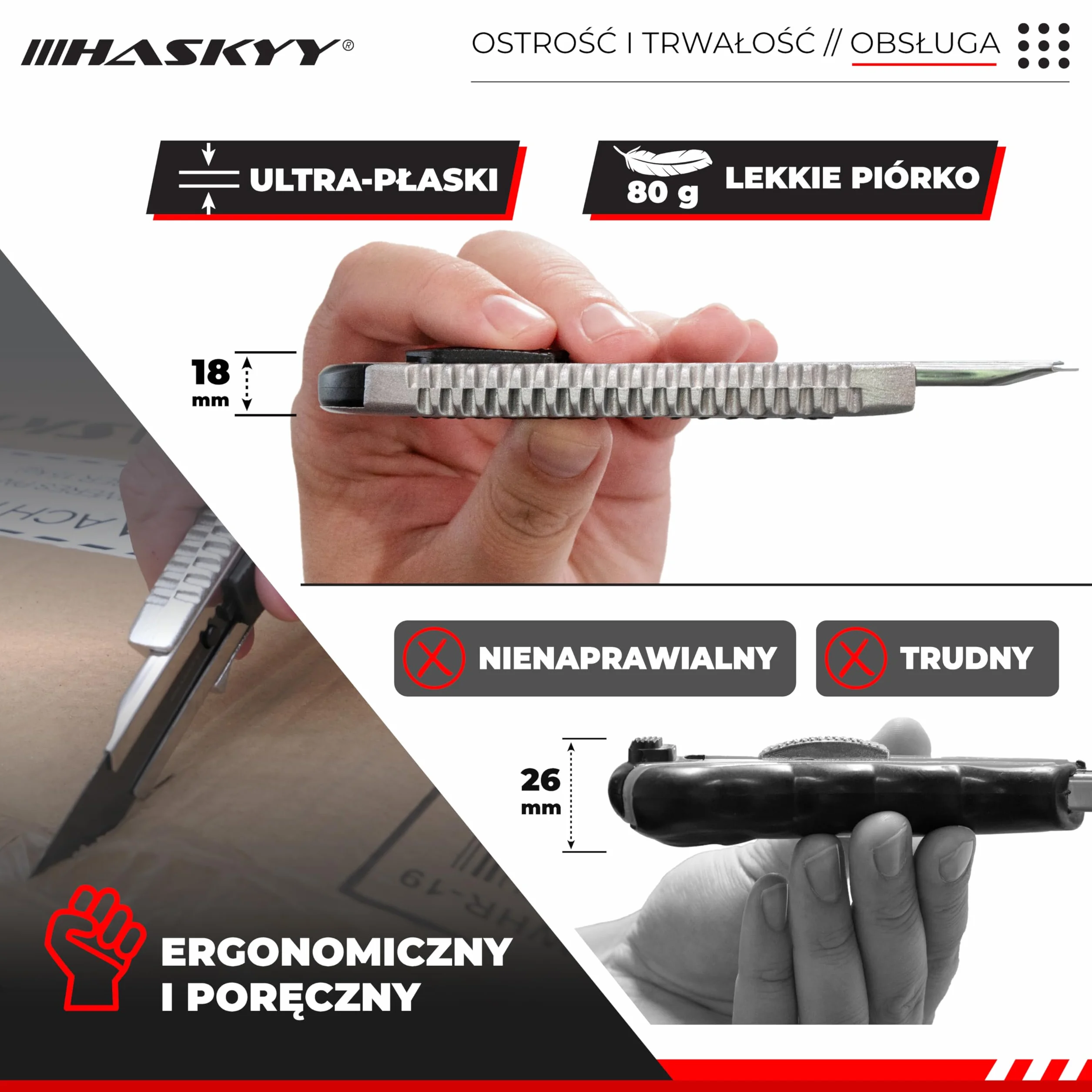 HASKYY Zestaw 2 profesjonalnych noży 18 mm + 5 ostrzy SK5 Premium – bezpieczny frez z funkcją automatycznego blokowania