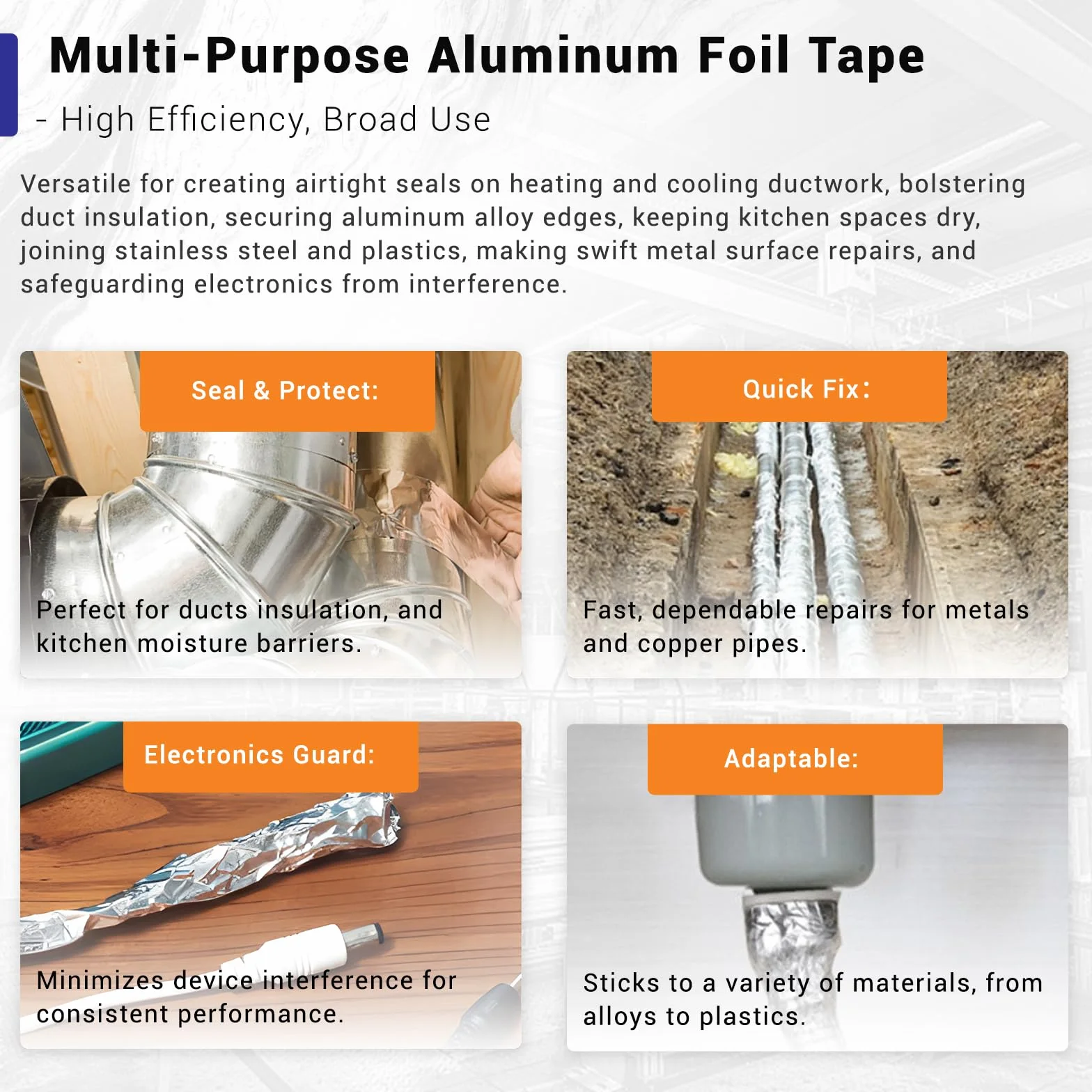 PowerScale Taśma aluminiowa 50 mm x 20 m Taśma samoprzylepna Wodoodporna taśma klejąca odporna na ciepło Aluminiowa taśma naprawcza 1 rolka