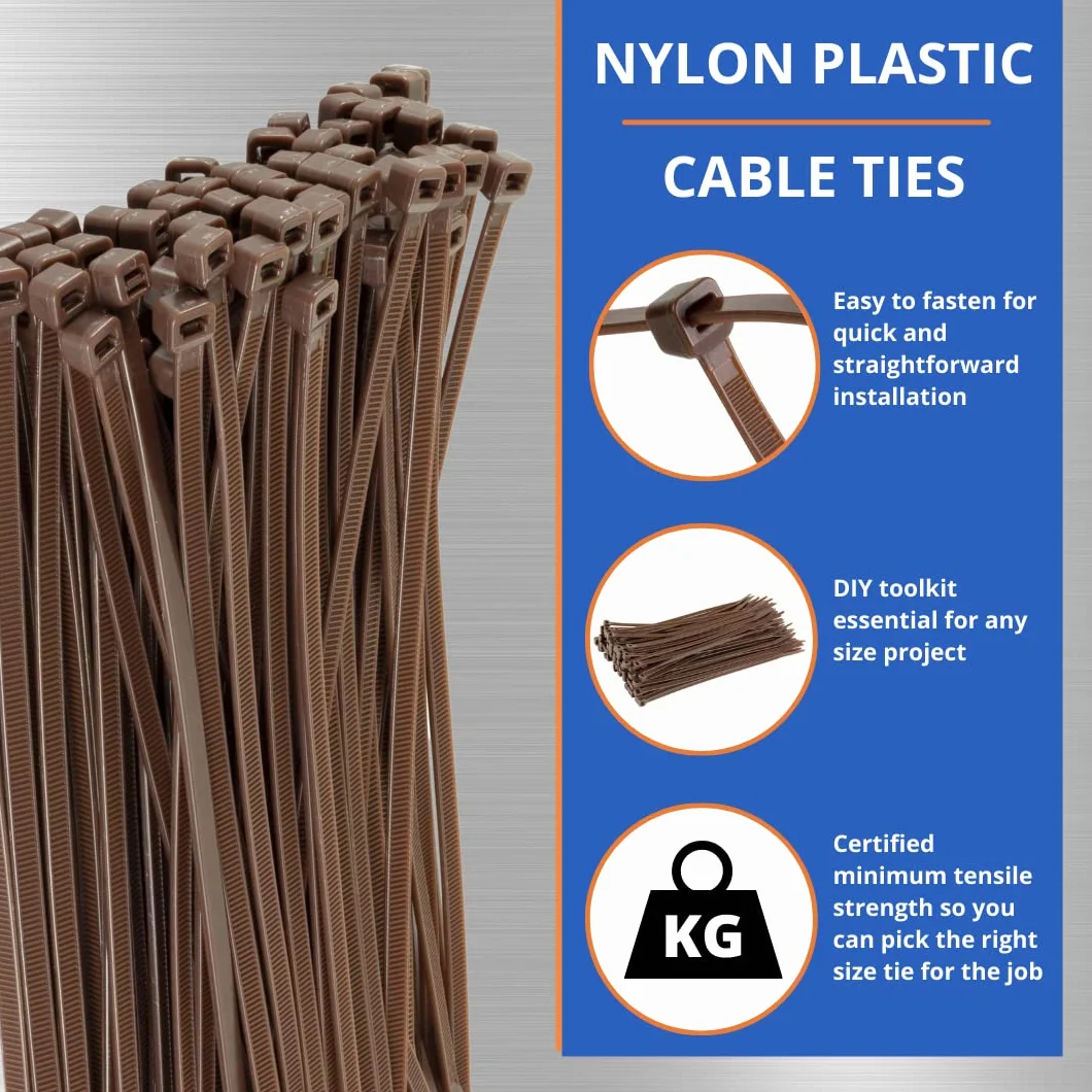 Gocableties Brązowe opaski kablowe, 300 mm x 3,6 mm, 100 sztuk, 30 cm nylonowe opaski na zamek błyskawiczny, wielofunkcyjne plastikowe opaski zaciskowe, bezpieczny mechanizm samoblokujący, do domu,