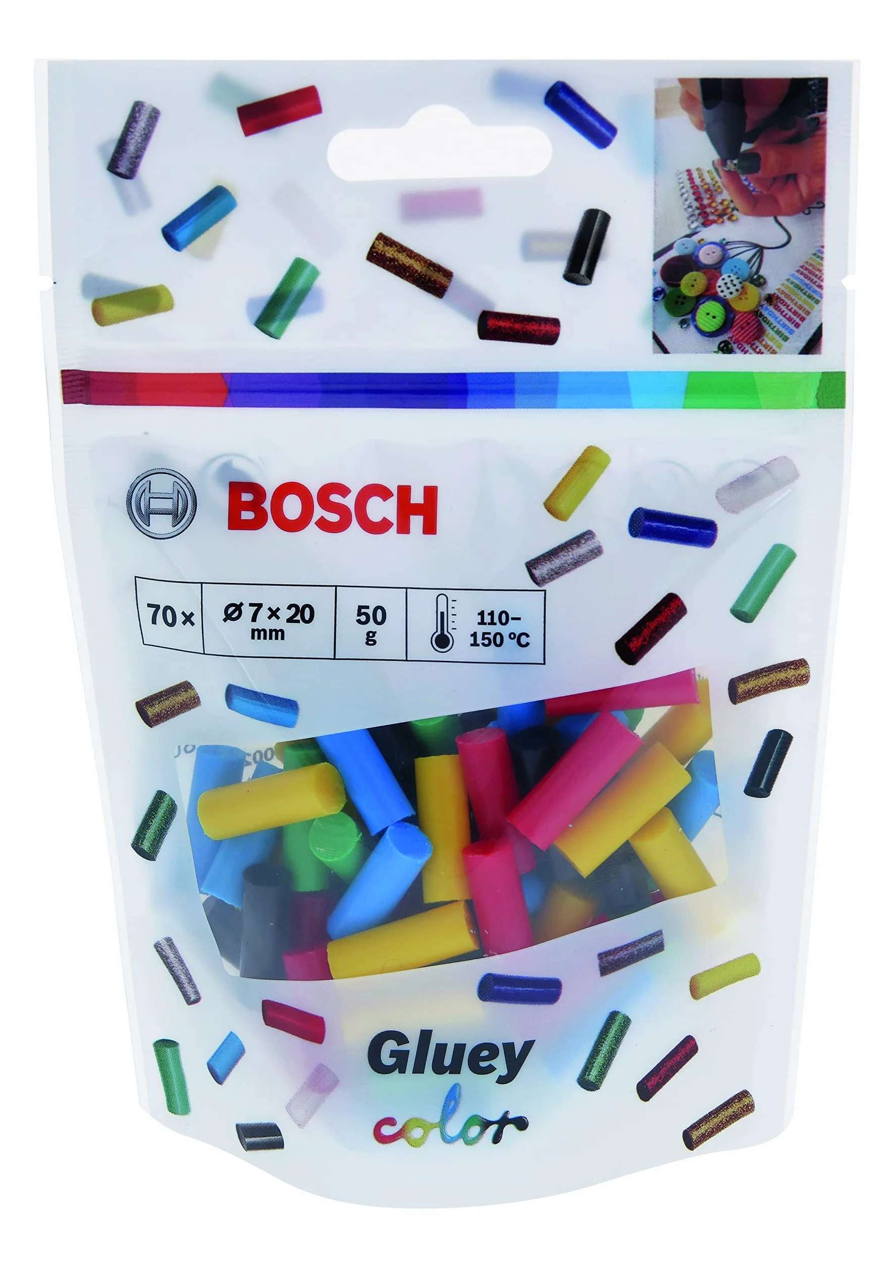 Bosch Professional 2608002005 mini pałeczki 70 szt. (kolorowe wkłady klejowe, akcesoria do wkładów do klejenia na gorąco Gluey)