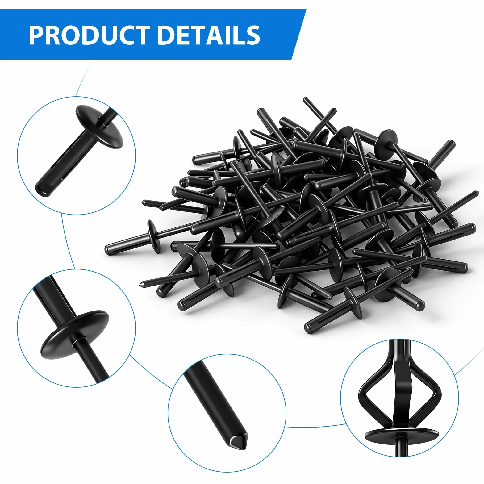 Nity popnite, 60 sztuk, aluminiowe nity zrywalne, zestaw do obróbki drewna, mebli, blachy, pojazdów silnikowych, wyposażenia mechanicznego, przemysłowego, kolor czarny, 4,8 x 21 mm