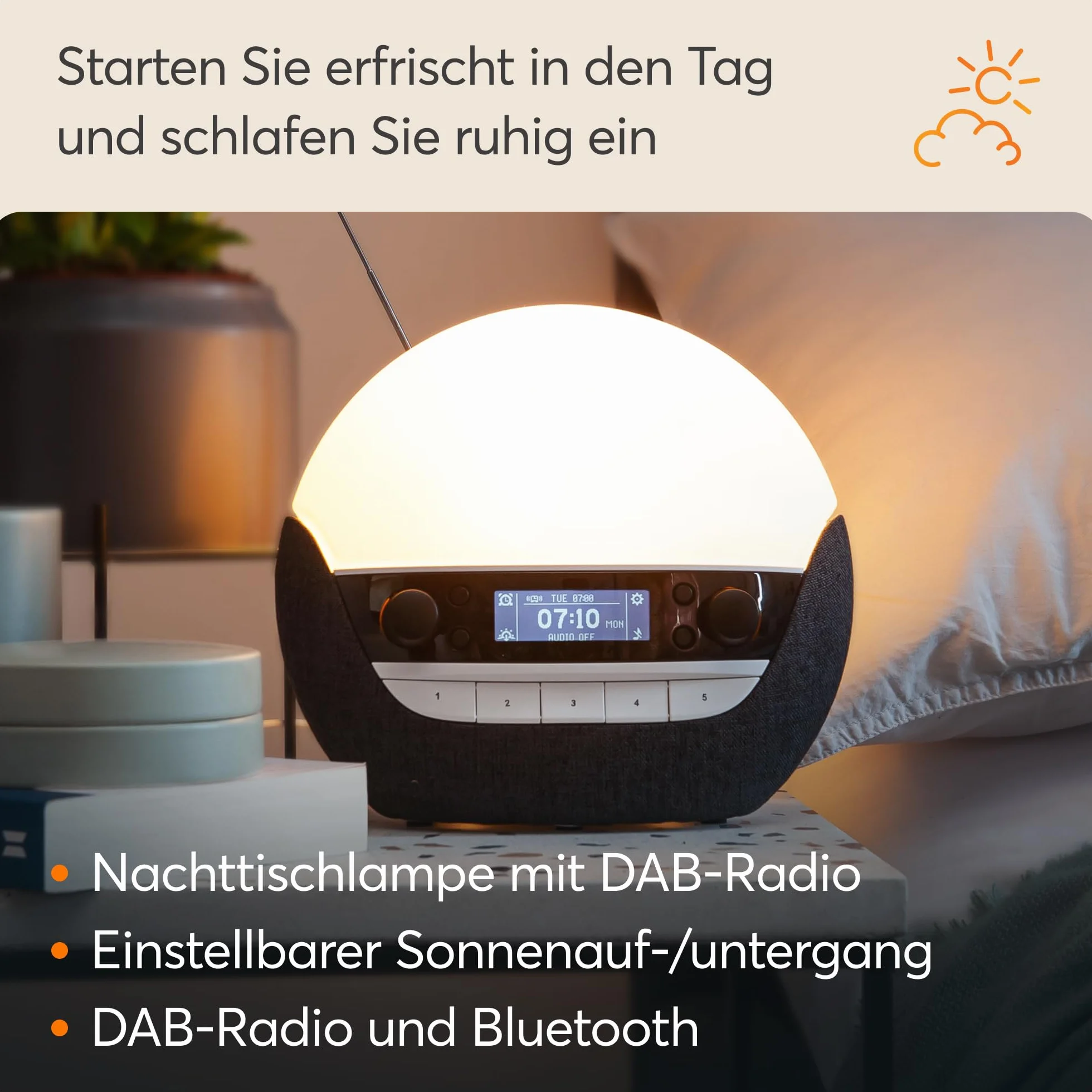 Lumie Bodyclock Luxe 750DAB - budzik świetlny, radio DAB, głośnik Bluetooth i niewielkie niebieskie światło na czas snu