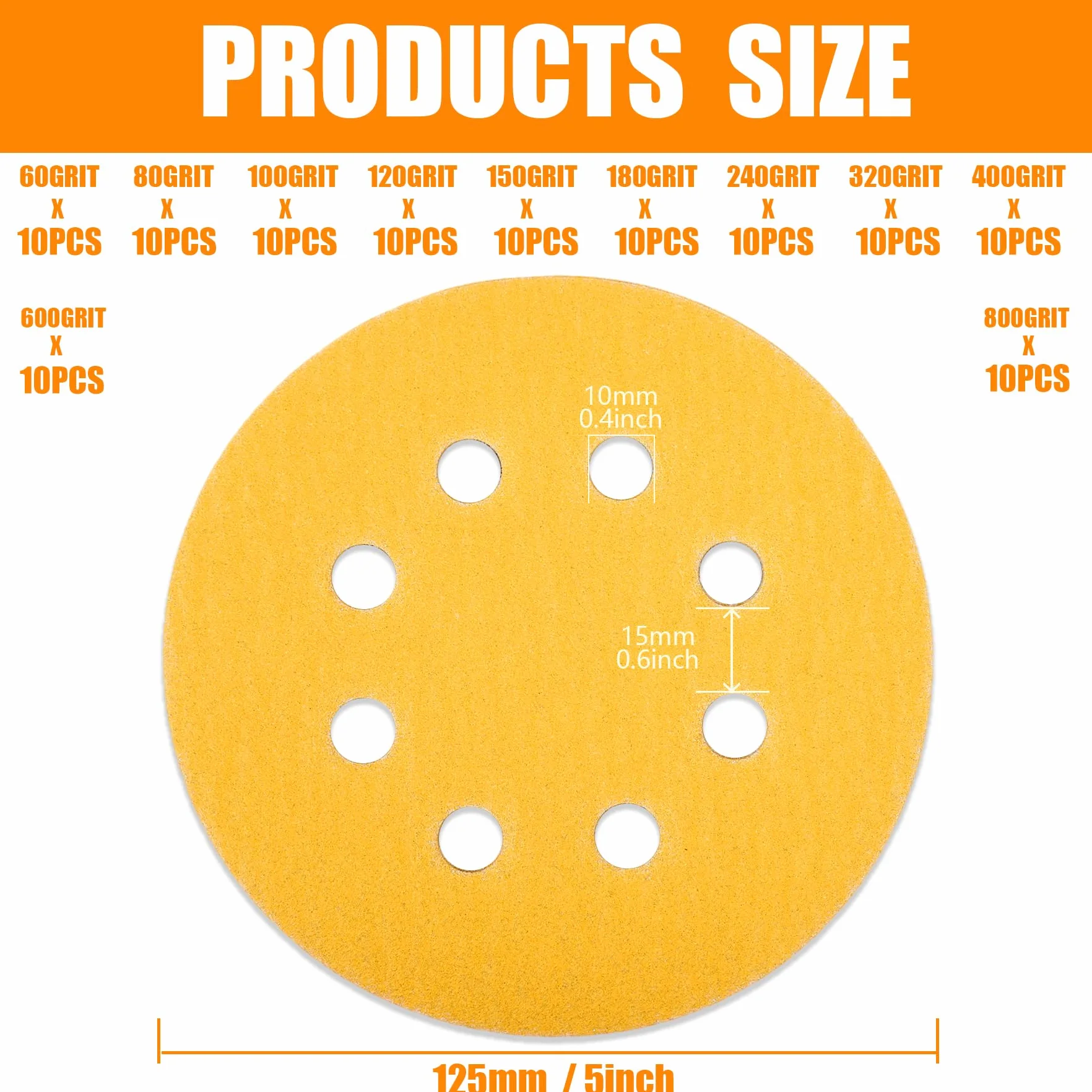 110 sztuk Papier ścierny 125 mm, Krążki ścierne, ziarnistość 60/80/100/120/150/180/240/320/400/600/800, mocowane na rzep krążki szlifierskie, 8 otworów okrągłych, do szlifierek mimośrodowych