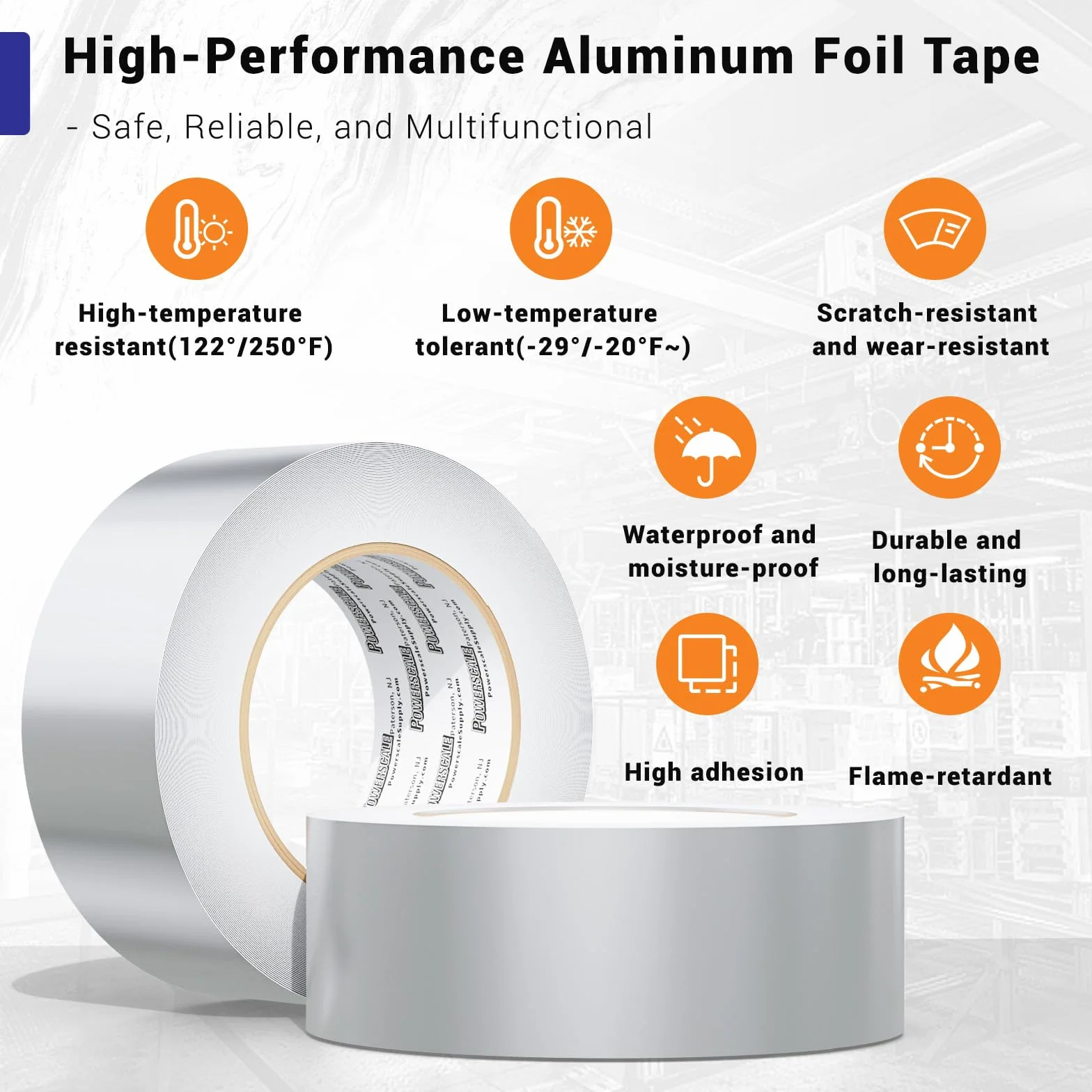 PowerScale Taśma aluminiowa 50 mm x 20 m Taśma samoprzylepna Wodoodporna taśma klejąca odporna na ciepło Aluminiowa taśma naprawcza 1 rolka