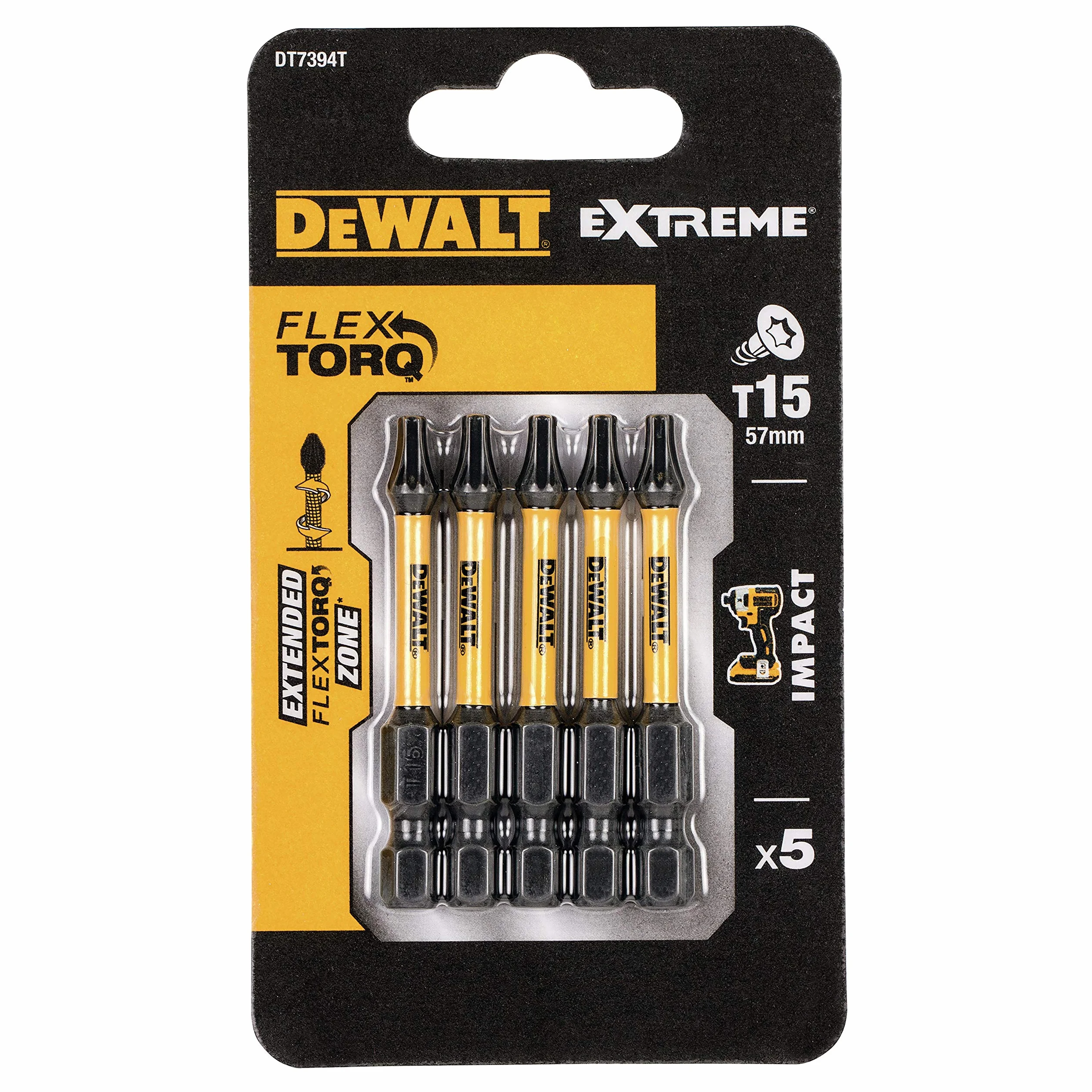 DEWALT Extreme Flextorq T15 DT7394T bity udarowe (do stosowania w wkrętarkach udarowych, optymalna elastyczność bitów dla maksymalnej żywotności), 5 sztuk