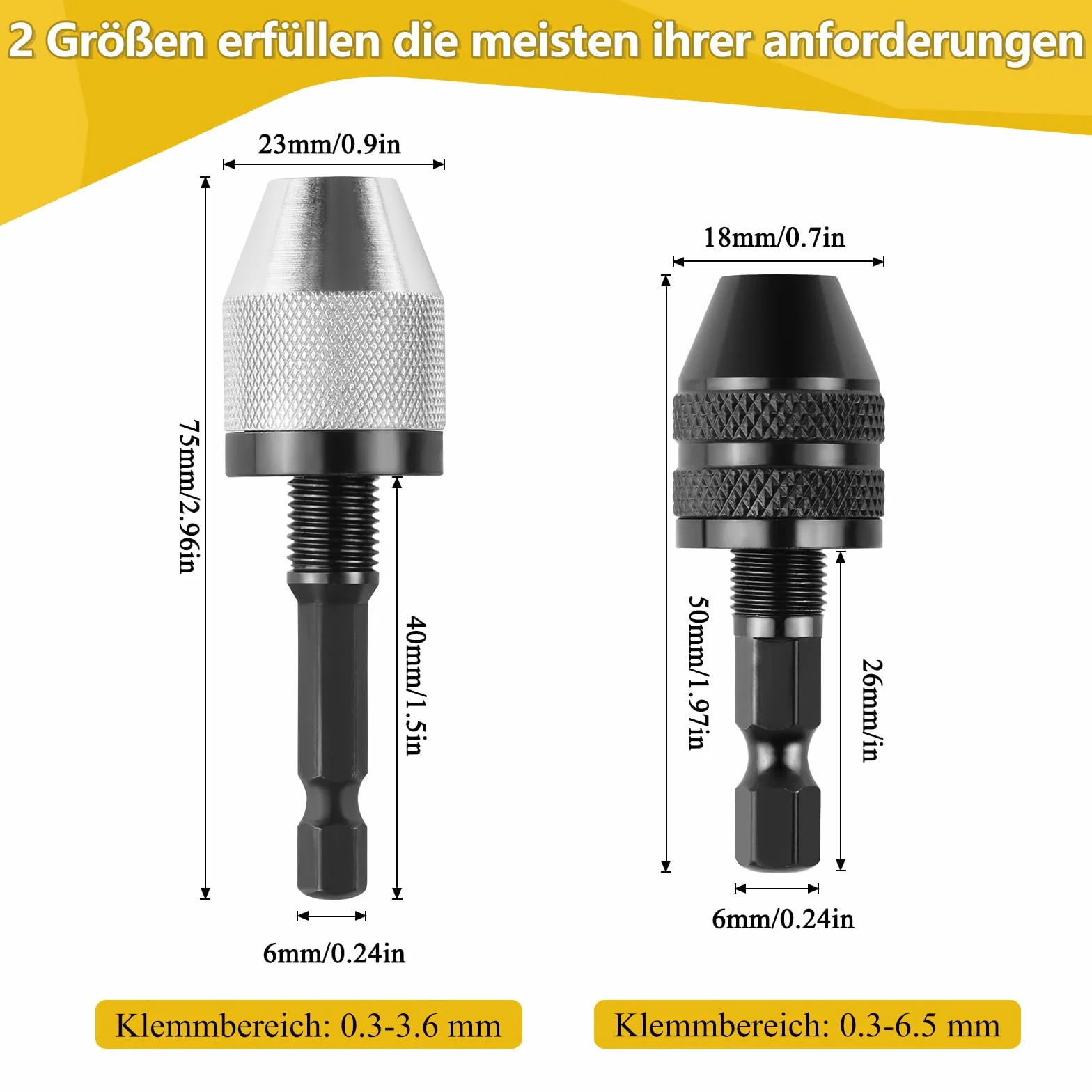 2 uchwyty wiertarskie z szybkozłączką 1/4 cala, 0,3–6,5 mm i 0,3–3,6 mm, adapter wiertła z uchwytem sześciokątnym, 10 wierteł 0,8–3,0 mm do narzędzi do konwersji