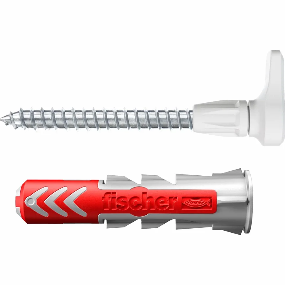 fischer EasyHook Angle K (4), zestaw 4 śrub z hakami kątowymi i DuoPower, śruby do płyt wiórowych z haczykami, elastyczne haki śrubowe do montażu w wielu materiałach budowlanych, 8 x 40 kołków
