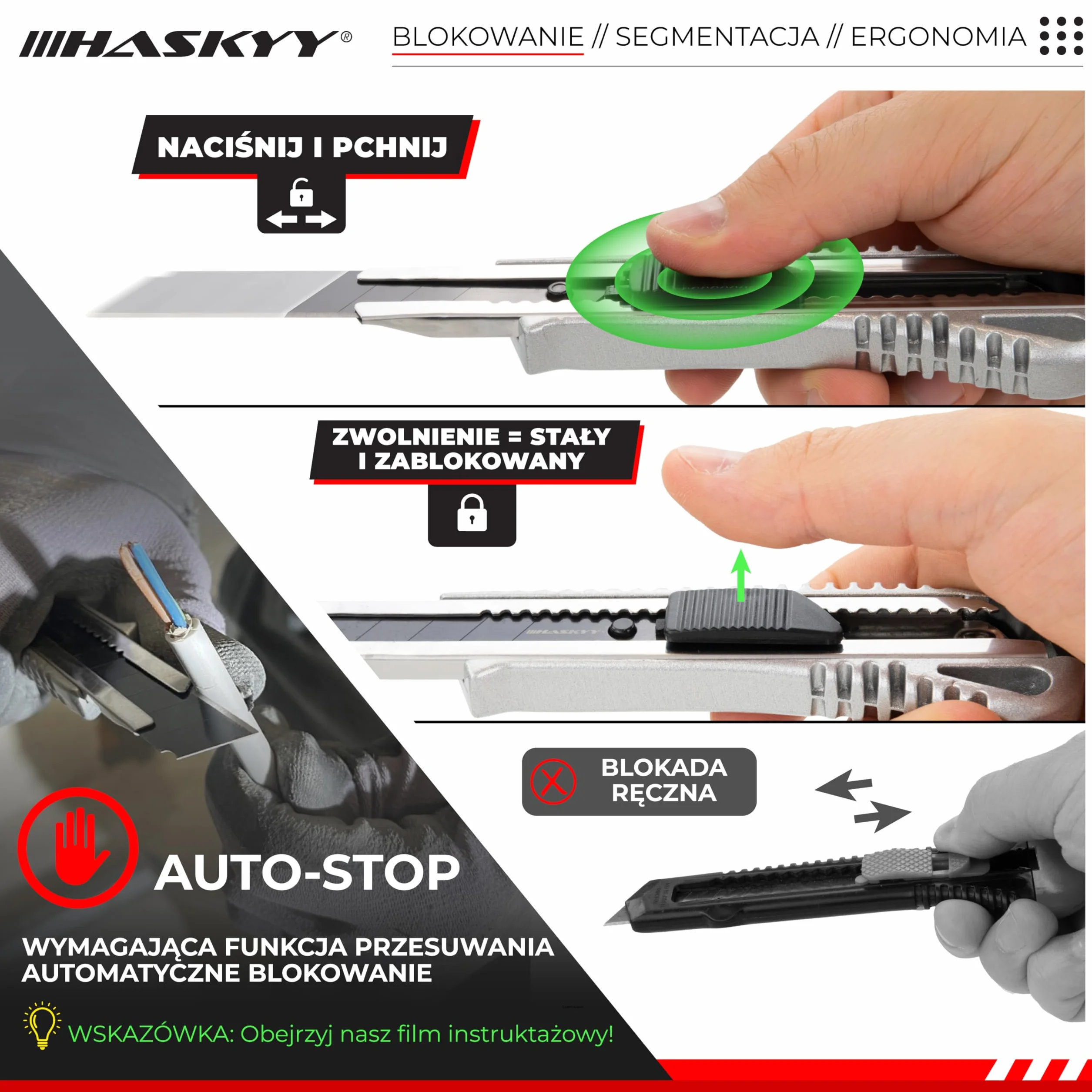 HASKYY Zestaw 2 profesjonalnych noży 18 mm + 5 ostrzy SK5 Premium – bezpieczny frez z funkcją automatycznego blokowania
