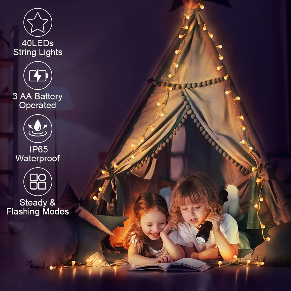 AUAUY Łańcuch świetlny z globusem, 40 diod LED, 40 lampek bożonarodzeniowych, zasilanych bateriami, 2 tryby, wodoodporne światła zewnętrzne do wewnątrz, na zewnątrz, wesele, przyjęcie, Nowy Rok, ogród