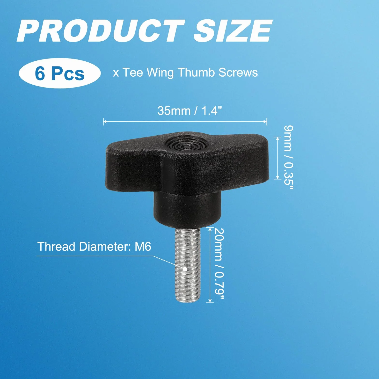 PATIKIL Śruba motylkowa T z uchwytem M6 x 20 mm, 6 sztuk śrub mechanicznych ze stali węglowej do usuwania ręcznej wymiany dokręcania gałki blokujące zasilanie, czarny