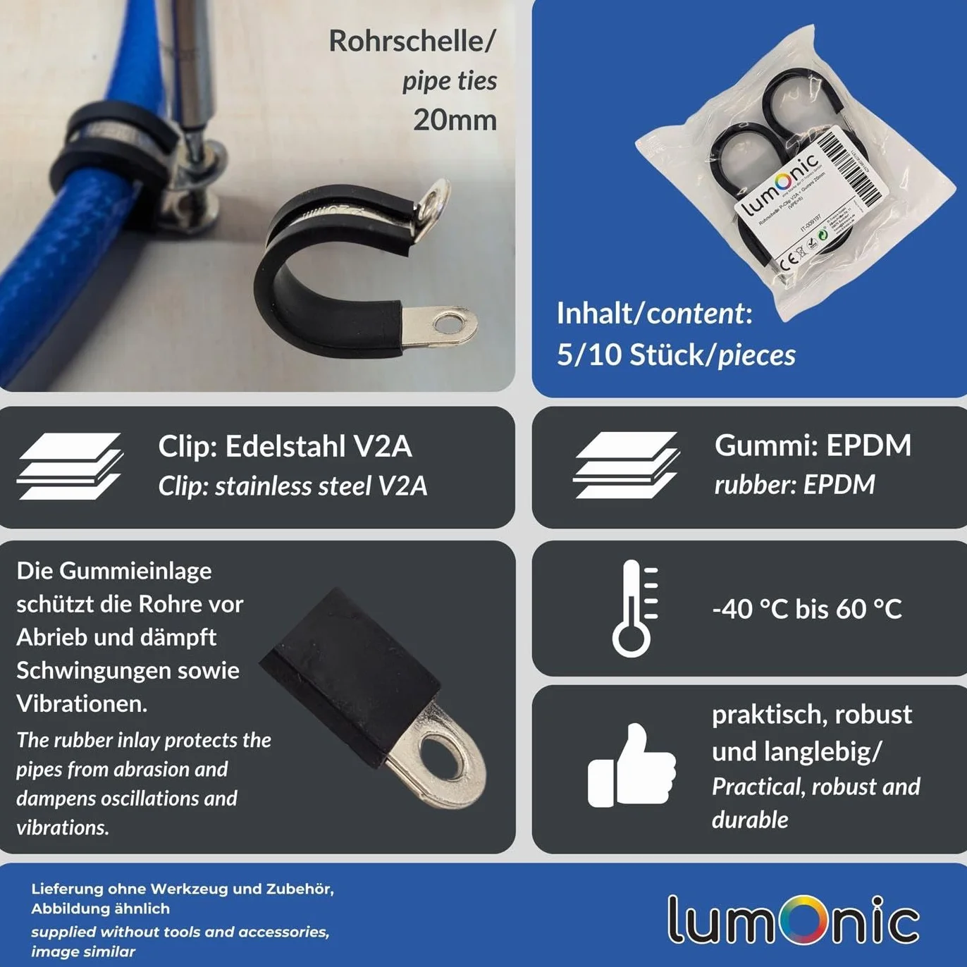 Lumonic 5x 20mm zaciski do rur z wkladka gumowa stal nierdzewna V2A I zaciski kablowe do przykrecania I zacisk do wezy 20mm, zaciski do rur, zacisk mocujacy 20mm, uchwyt do rur