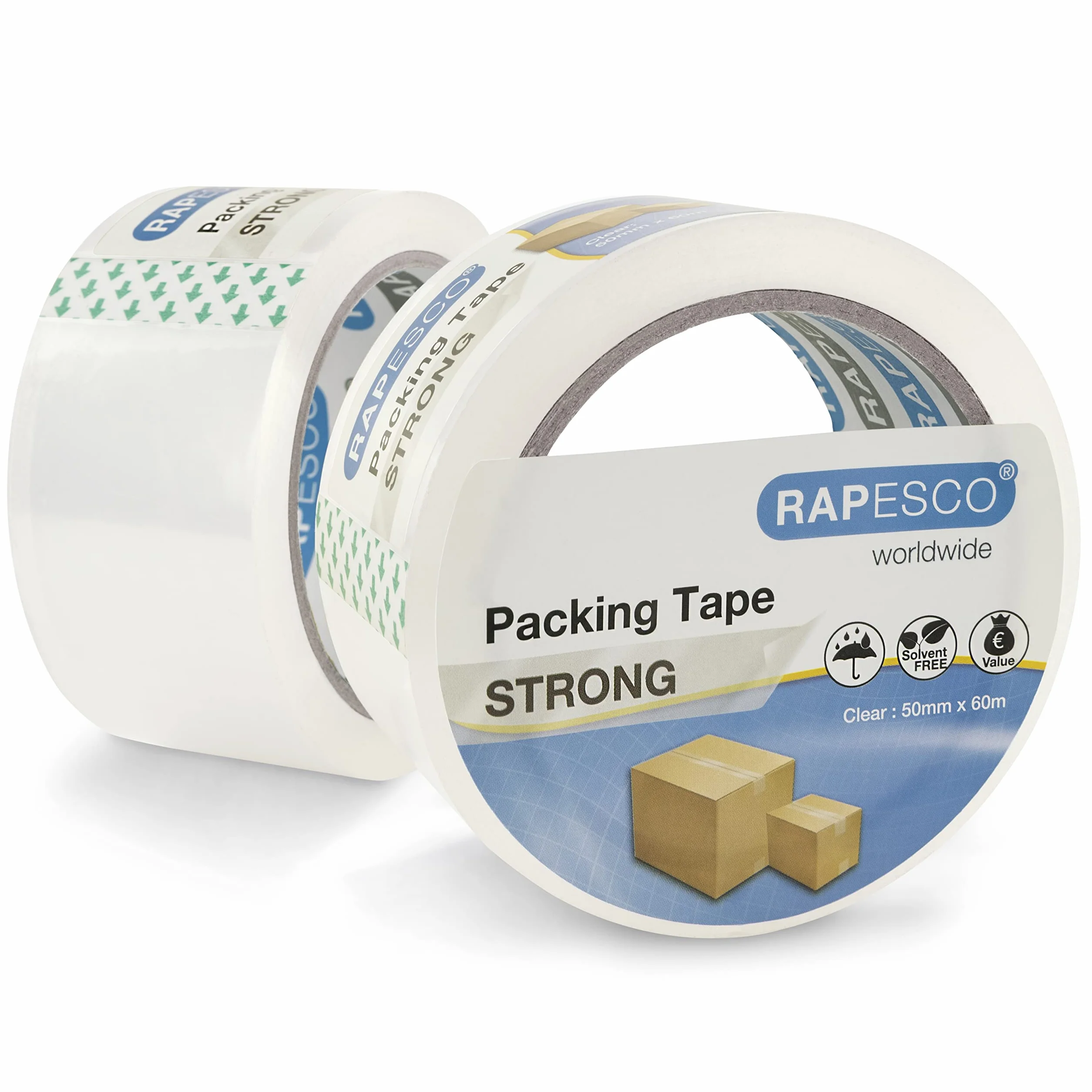 Rapesco 1697 Mocna Taśma Pakowa Klejąca 50 mm x 60 m, Przezroczysta, 2 Sztuki