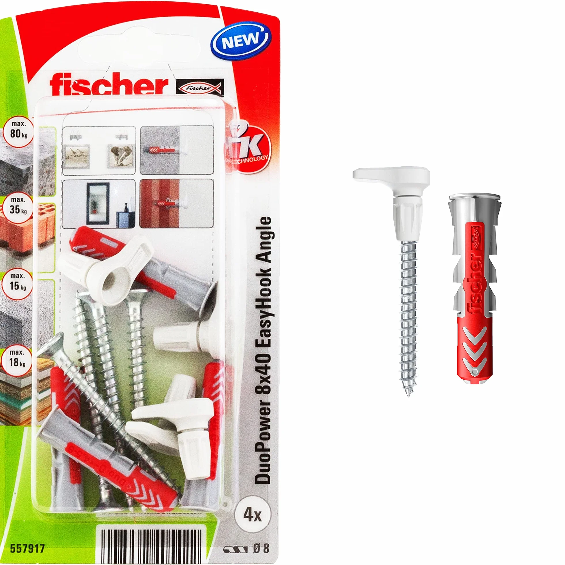 fischer EasyHook Angle K (4), zestaw 4 śrub z hakami kątowymi i DuoPower, śruby do płyt wiórowych z haczykami, elastyczne haki śrubowe do montażu w wielu materiałach budowlanych, 8 x 40 kołków