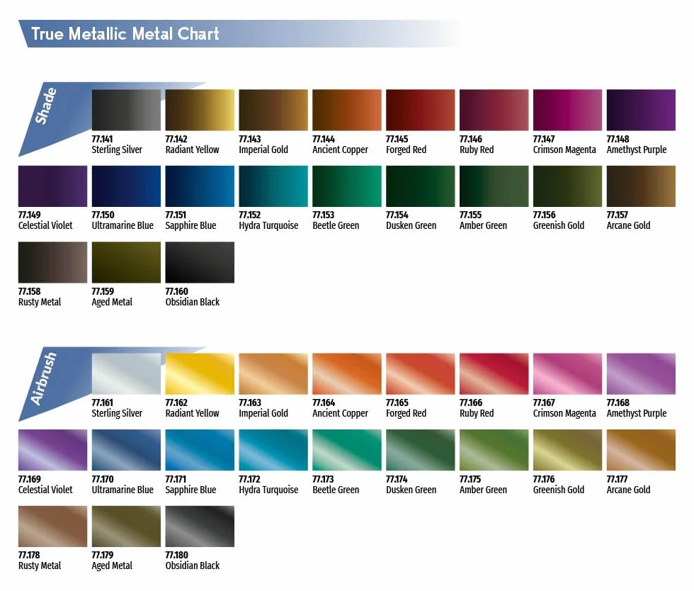 Vallejo True Metallic Paint 176, zielonkawe złoto, formuła aerografu, jednorodne wykończenie, wysoka intensywność kolorów, nie wymaga przerzedzania, 18 ml