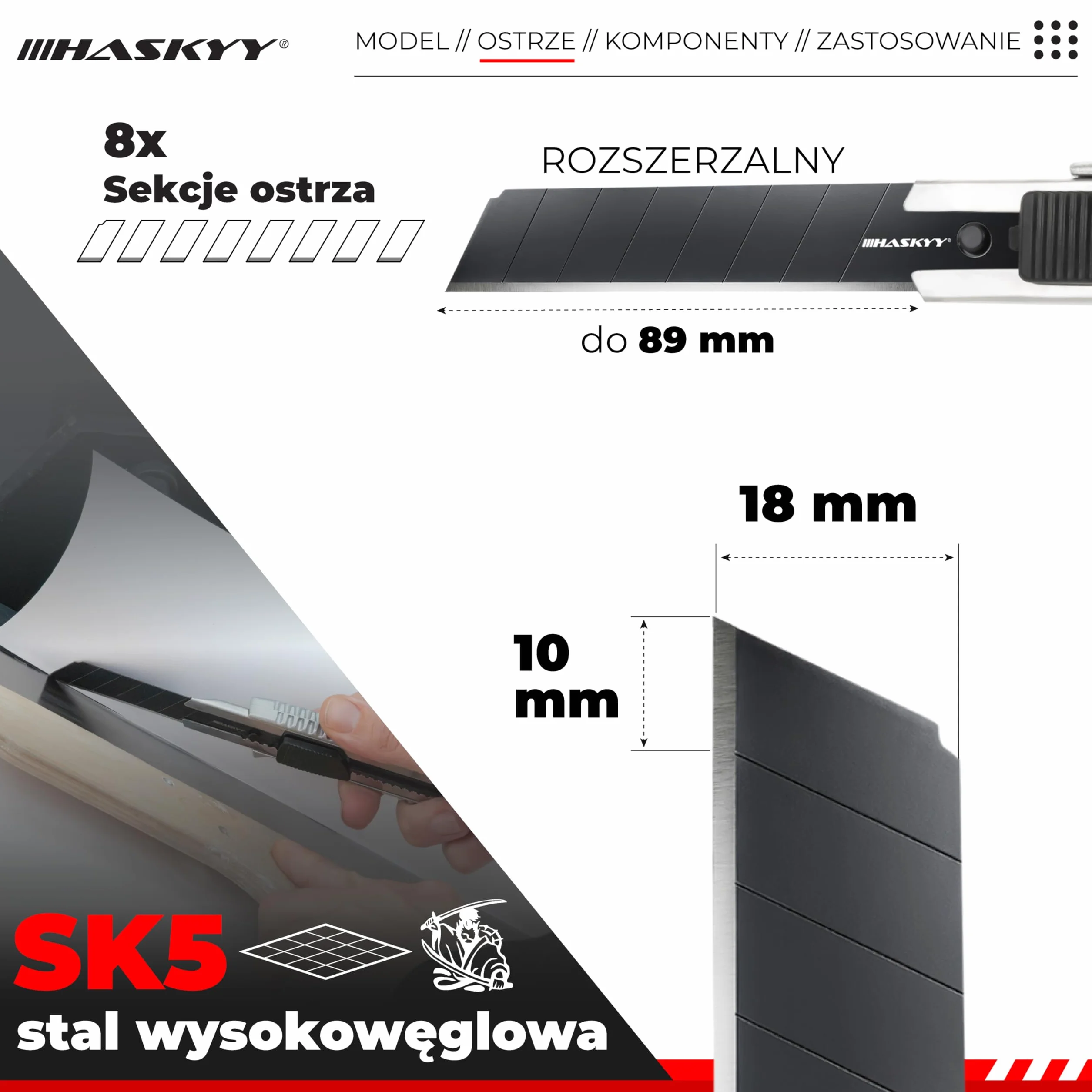 HASKYY Zestaw 2 profesjonalnych noży 18 mm + 5 ostrzy SK5 Premium – bezpieczny frez z funkcją automatycznego blokowania