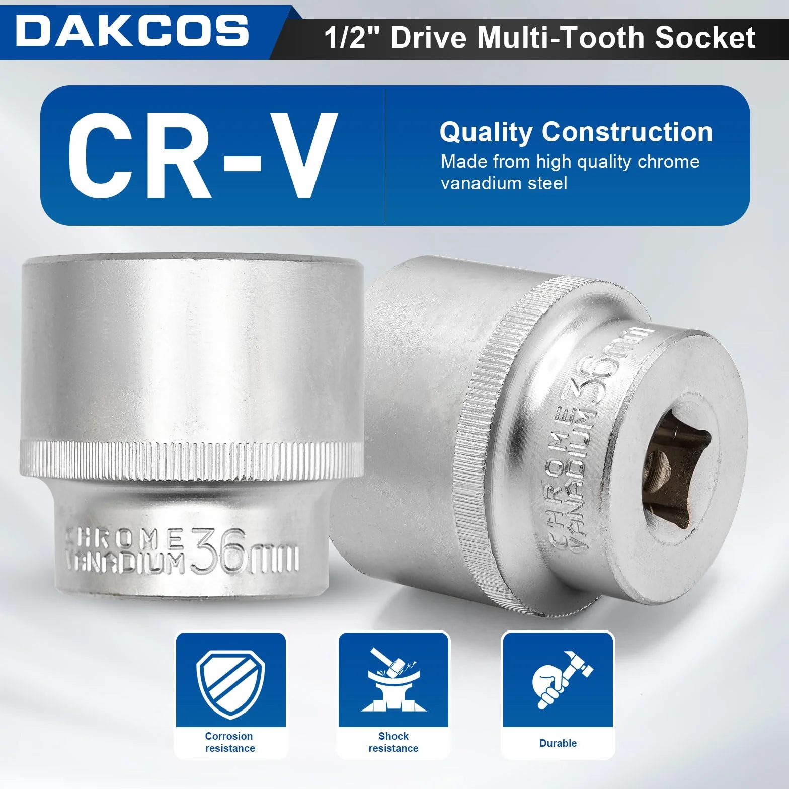 DAKCOS 36 mm nasadka klucza nasadowego z wieloma zębami | 12 kantów | 12,5 mm (1/2") | CR-V