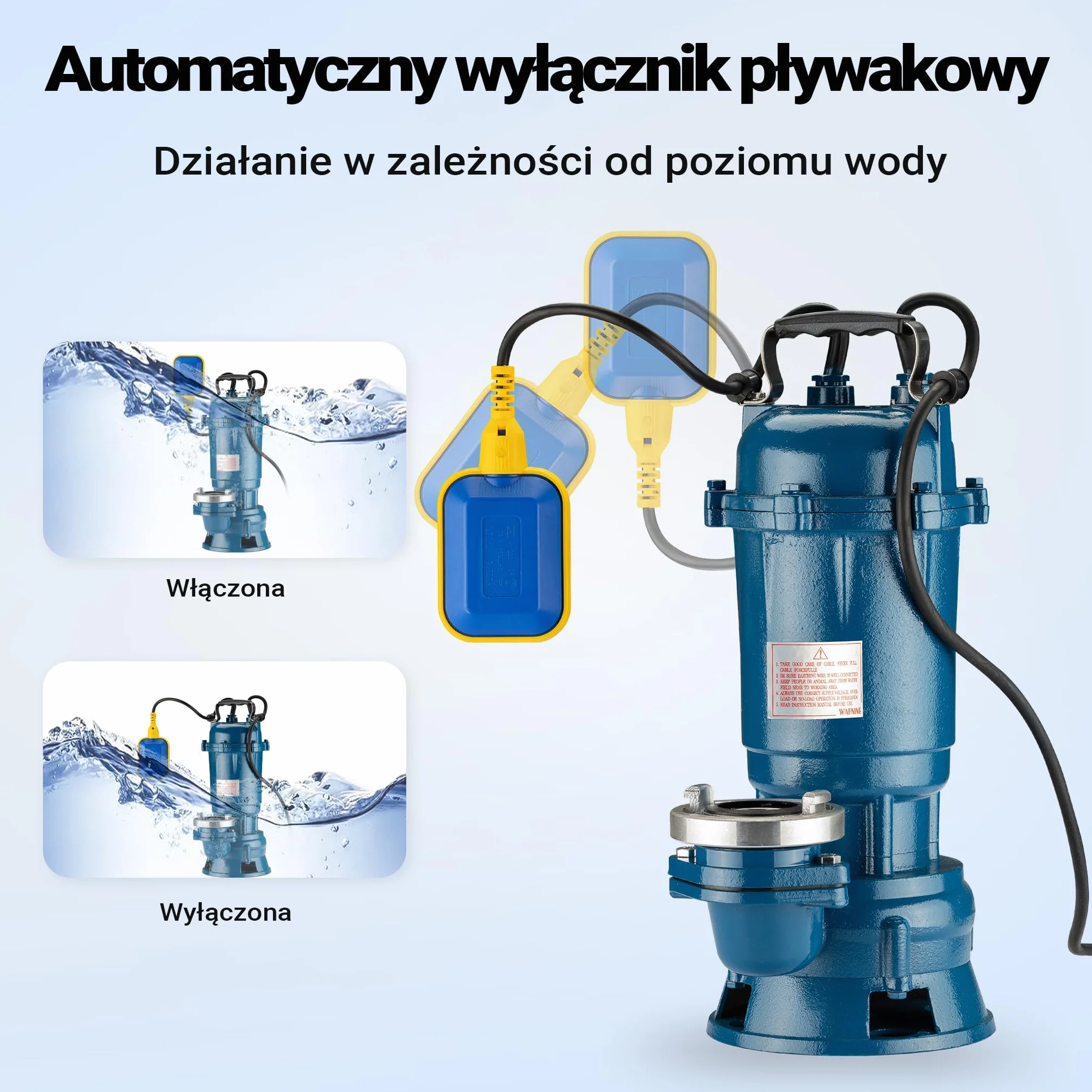 Wiltec Pompa do brudnej wody 1500W 36000l/h z czujnikiem maks. wysokość podnoszenia 10m i 20m wężem