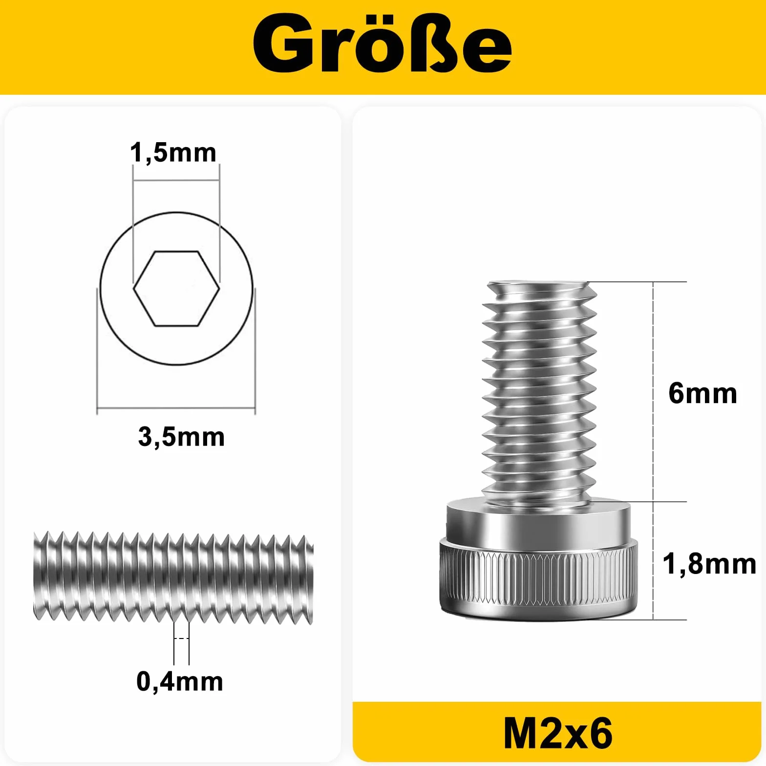120 sztuk śrub M2 x 6 mm, śruby cylindryczne z gniazdem sześciokątnym, śruby z łbem cylindrycznym, stal nierdzewna A2 V2A, pełny gwint, śruby ze stali nierdzewnej z kluczem imbusowym